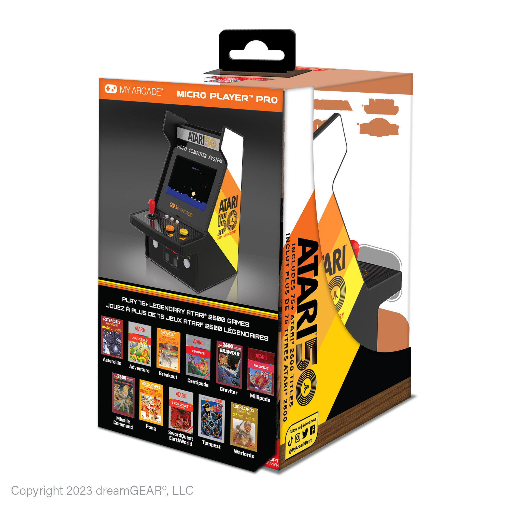 Bir mini atari makinesini ve dahil edilen oyunları sergileyen bir mini atari kutusu.