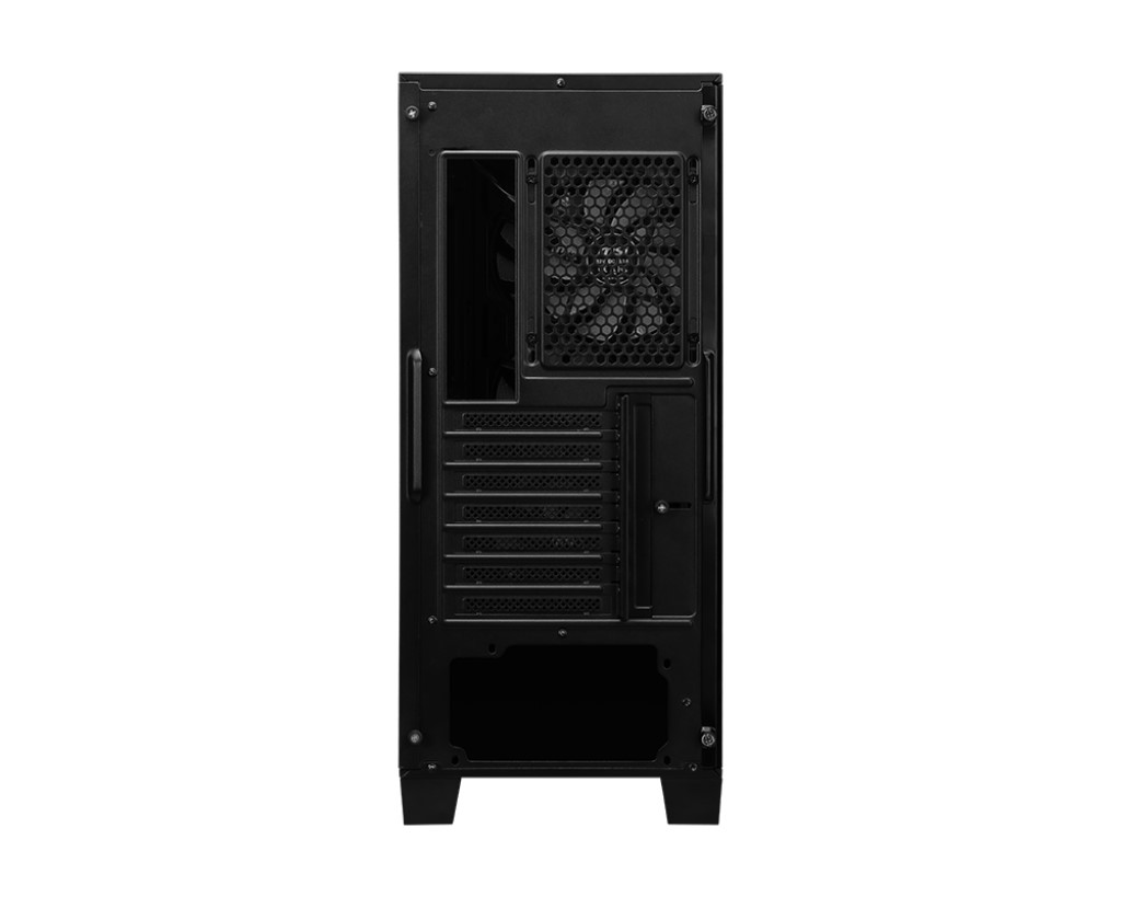 Siyah PC kasası arka görünümü, fan ve iç bileşenleri gösteriyor, beyaz arka plan.