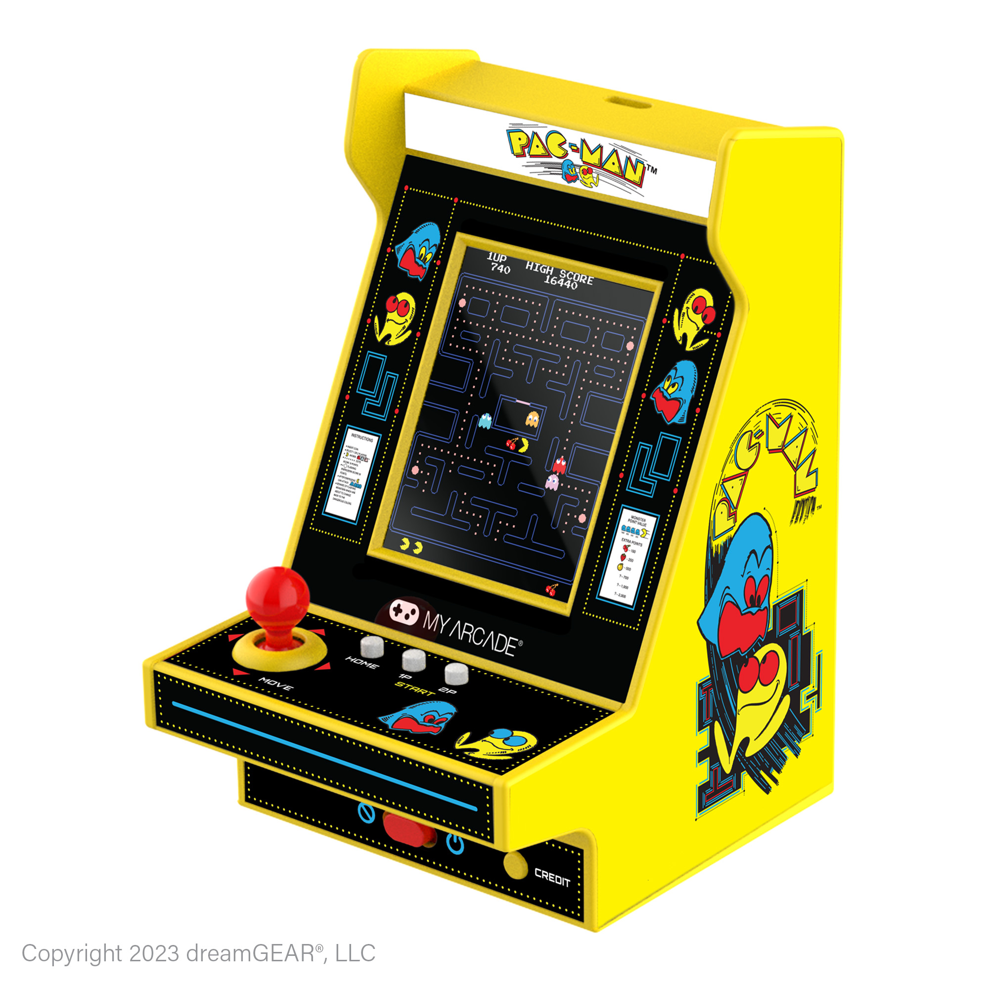 Beyaz ve sarı oyuncak Pac-Man atari makinesi.