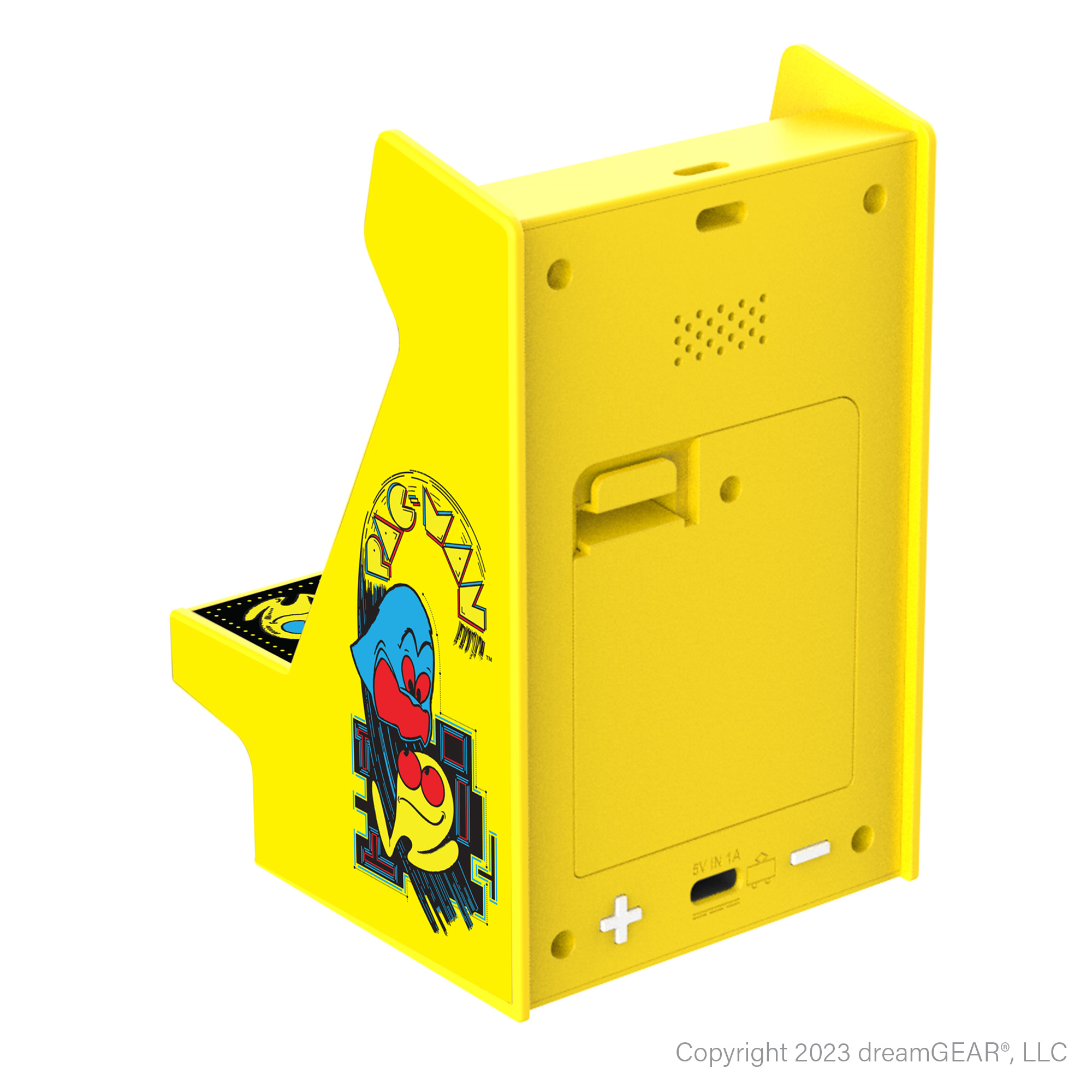 Sarı Pac-Man mini atari oyununun arkası. Ahşap yüzey arka planı.