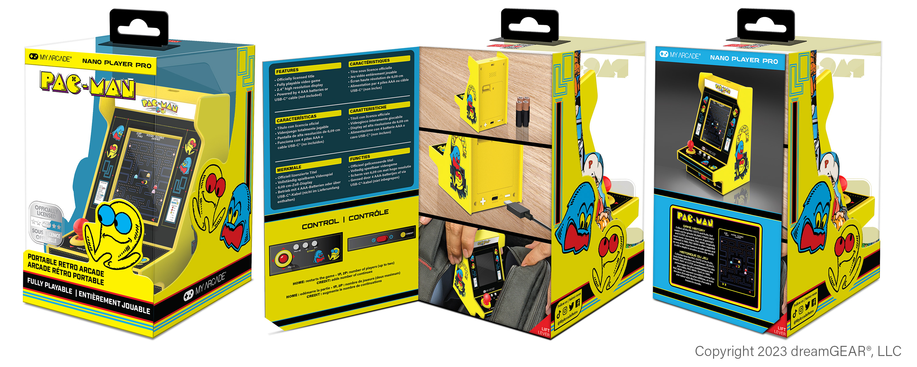 Pac-Man mini atari oyun ürünü ambalajı, çeşitli görünümler ve özelliklerle.