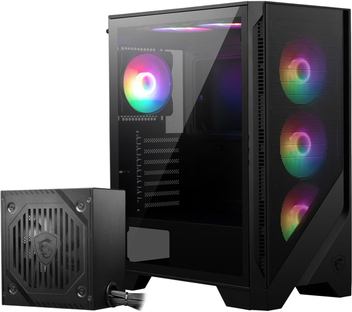 RGB fanlı siyah MSI PC kasası. Sol tarafta güç kaynağı ünitesi. Yan panel şeffaf.