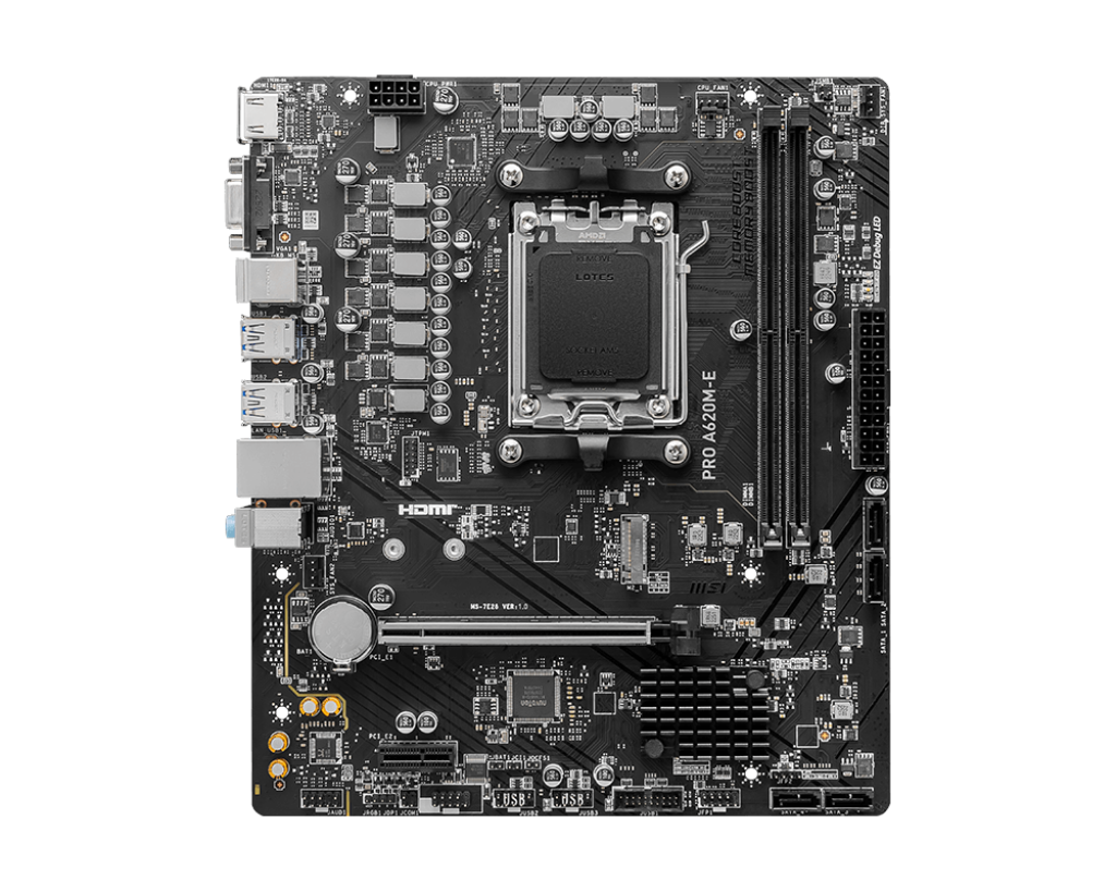 Çeşitli bileşenler, bağlantı noktaları ve konektörlerle siyah MSI PRO A620M-E anakart. HDMI bağlantı noktası ve USB bağlantı noktaları görünür.