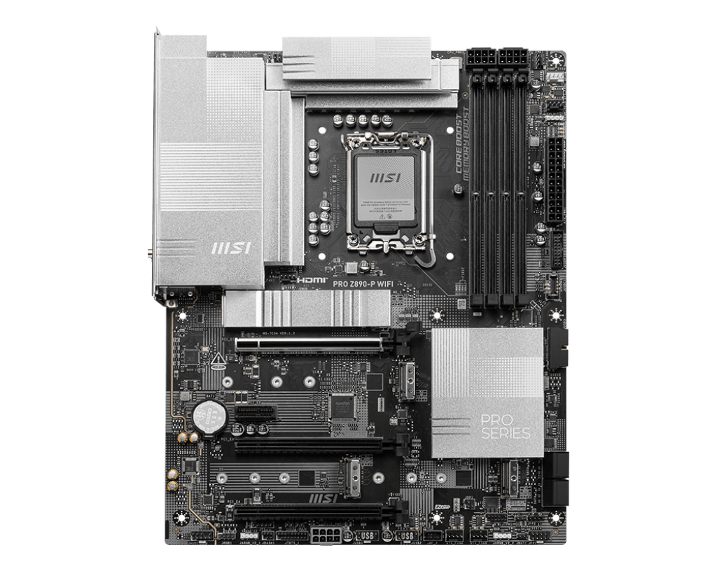 MSI anakart, gümüş ve siyah, yukarıdan görünüm.