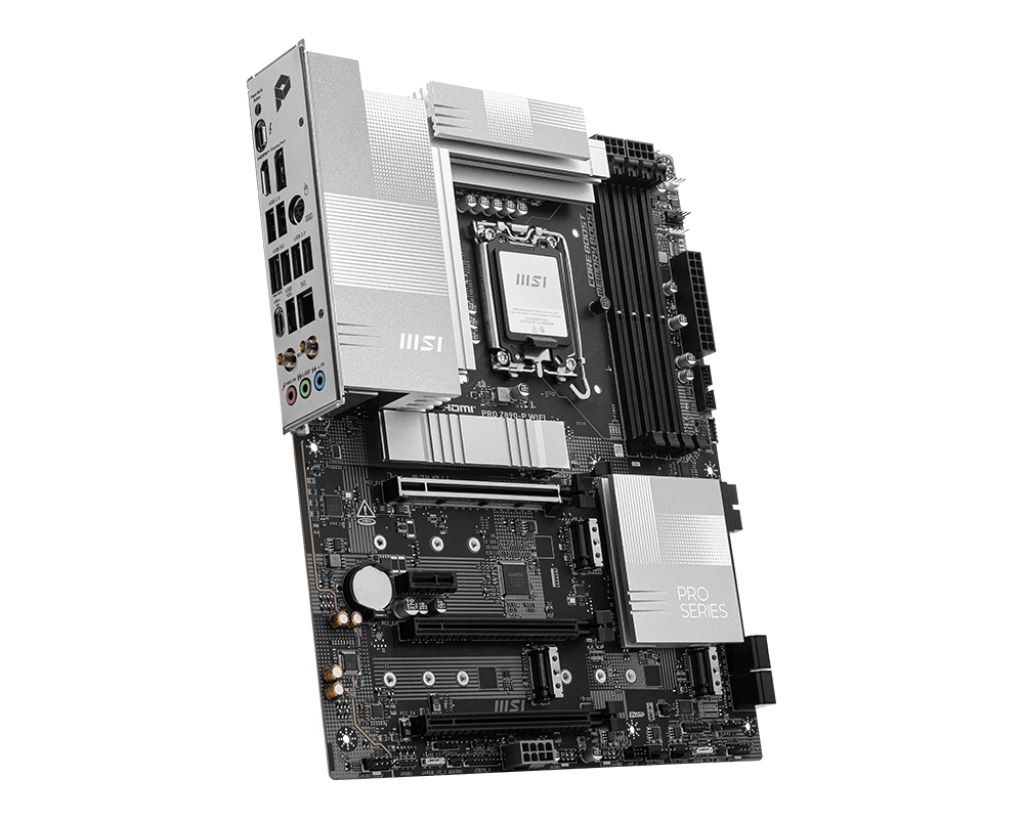MSI anakart, gümüş ve siyah, açılı görünüm.
