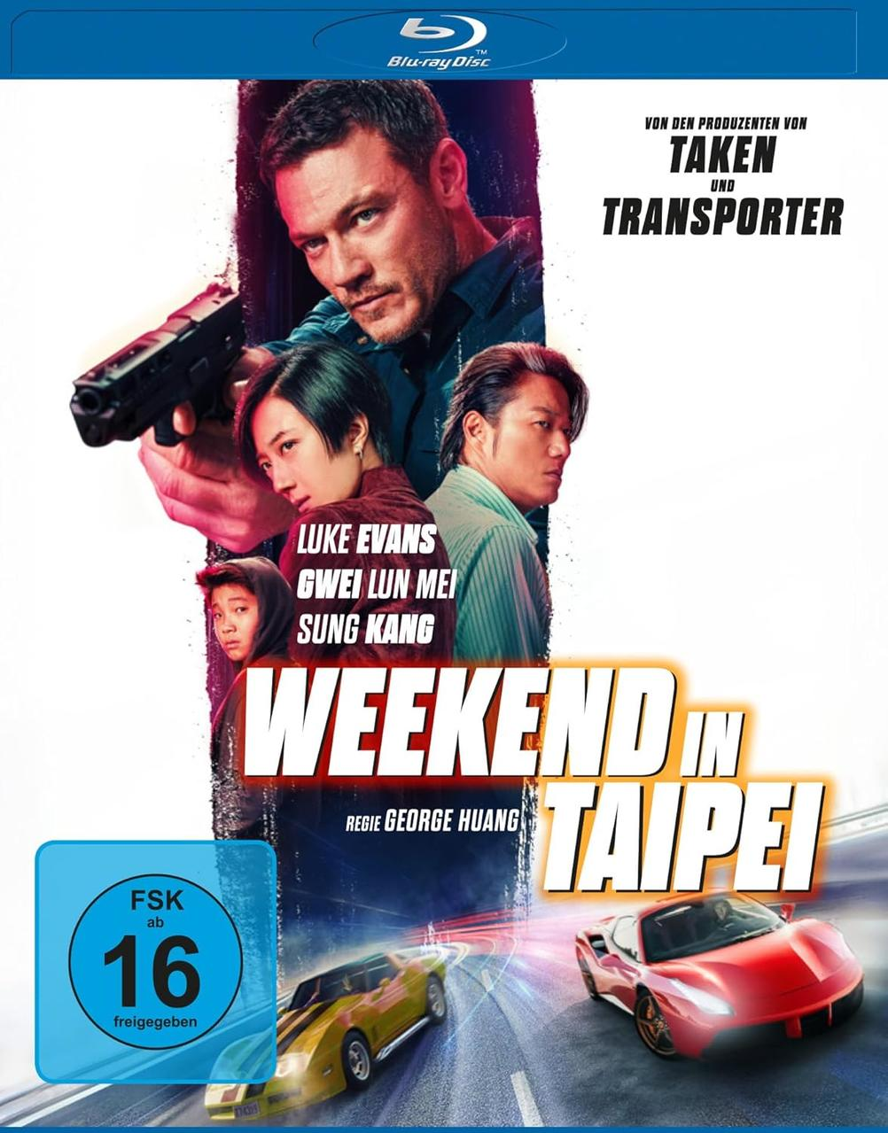 Blu-ray-Disc-Cover für Weekend in Taipei. Mit Schauspielern, Autos und Text. Ein Mann mit einer Waffe im Fokus.