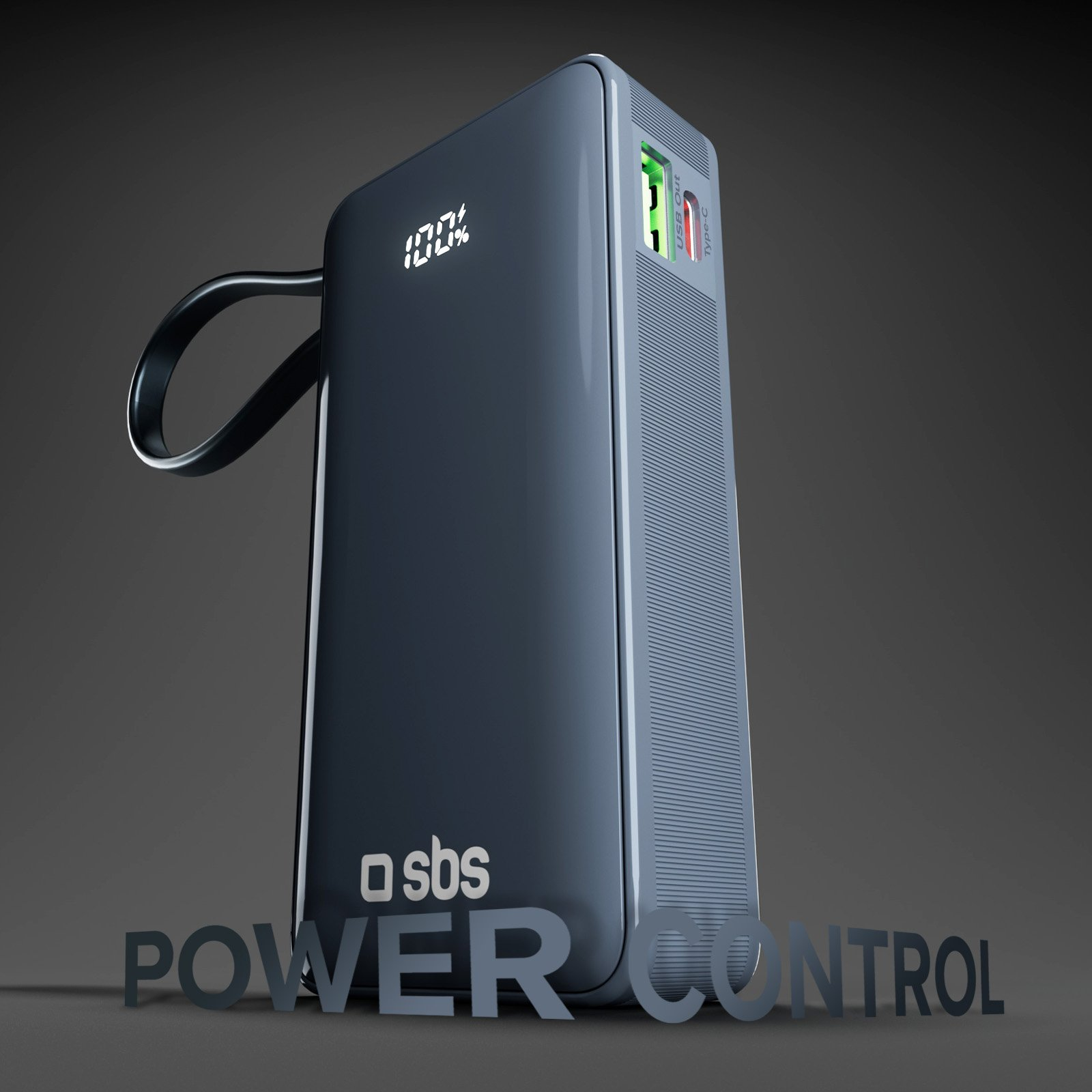 Czarny power bank z białym logo i pętlą. Tekst: 'Power Control' poniżej.