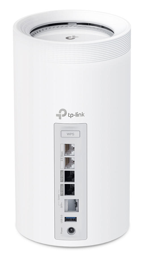 Biały router TP-Link, cylindryczny design. Posiada porty: WPS, 2.5Gbps, 10Gbps, SFP+, USB 3.0 i wejście zasilania. Górna część z wentylacją.