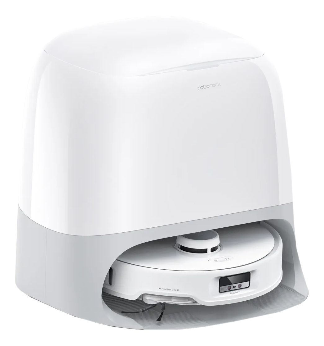Un aspirateur robot blanc et une station de charge. La station de charge est blanche et de forme carrée.