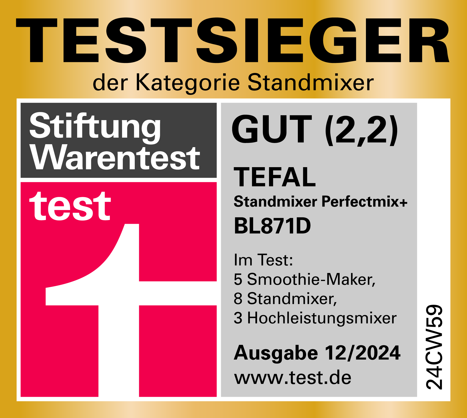 Testsieger. Gut (2,2). TEFAL Standmixer Perfectmix+ BL871D. Ausgabe 12/2024. Stiftung Warentest.
