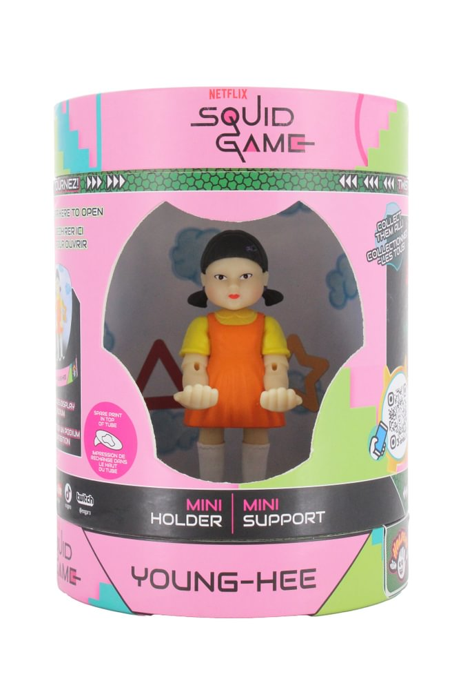 Squid Game Young-hee Mini-Figur in einer bunten Box mit Text und Grafiken.