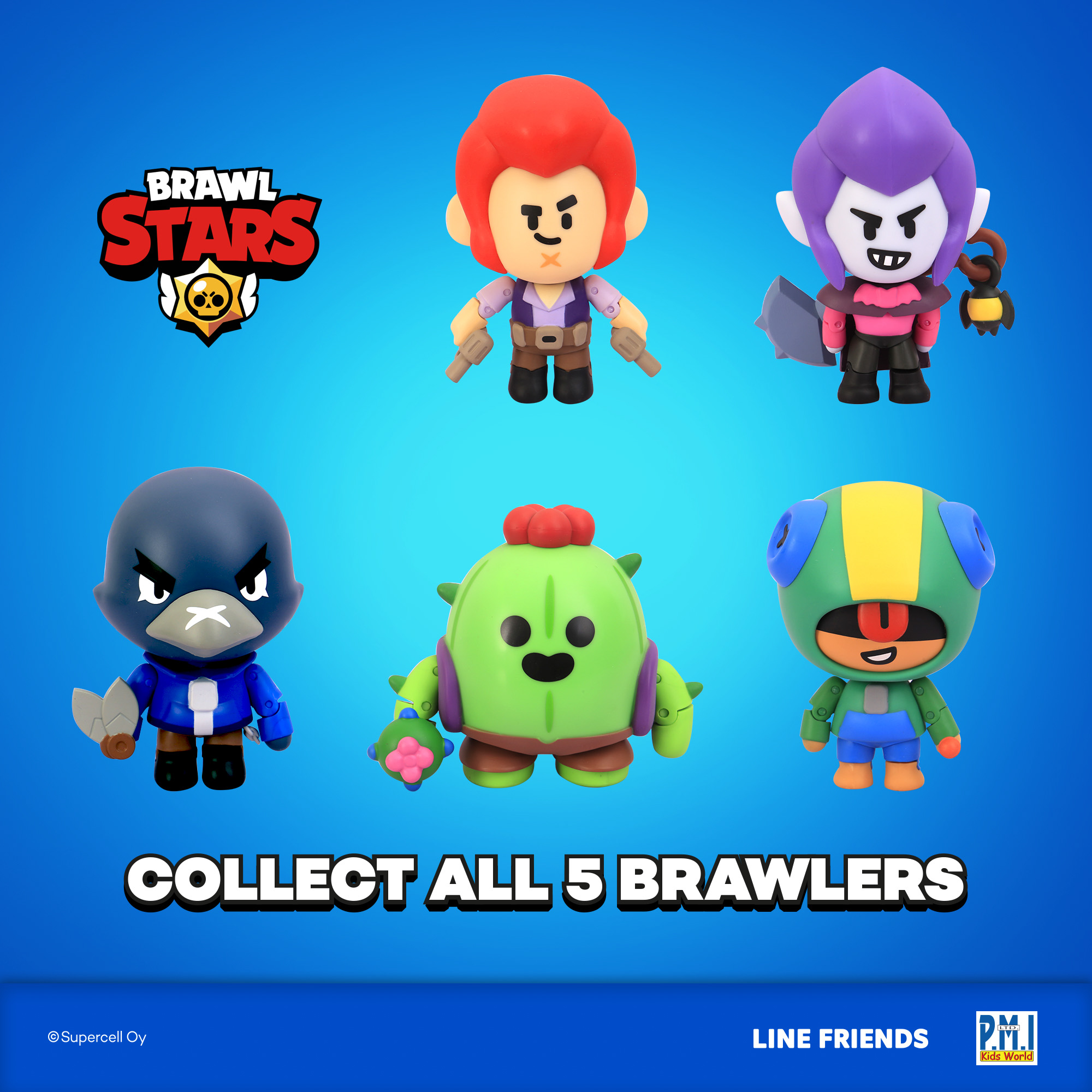 Sechs Brawl Stars-Charakterfiguren auf blauem Hintergrund. Text: Sammle alle 5 Brawler.