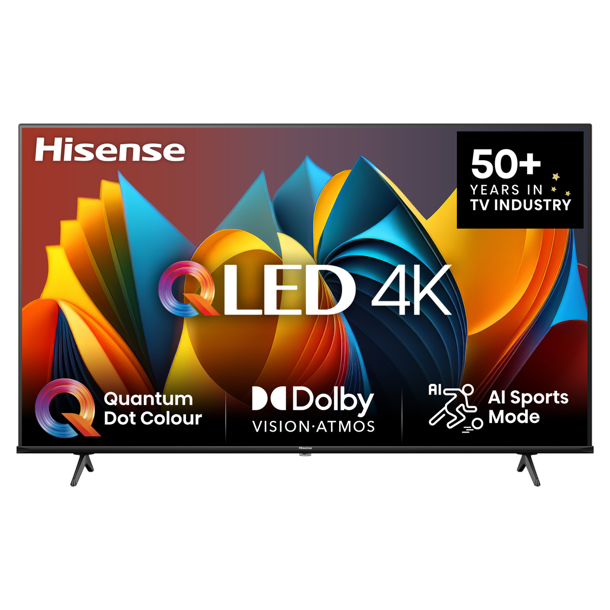 Hisense QLED 4K TV mit farbenfrohem abstraktem Bild auf dem Bildschirm. Schwarzer Rahmen und Ständer. Schwarzer Hintergrund.