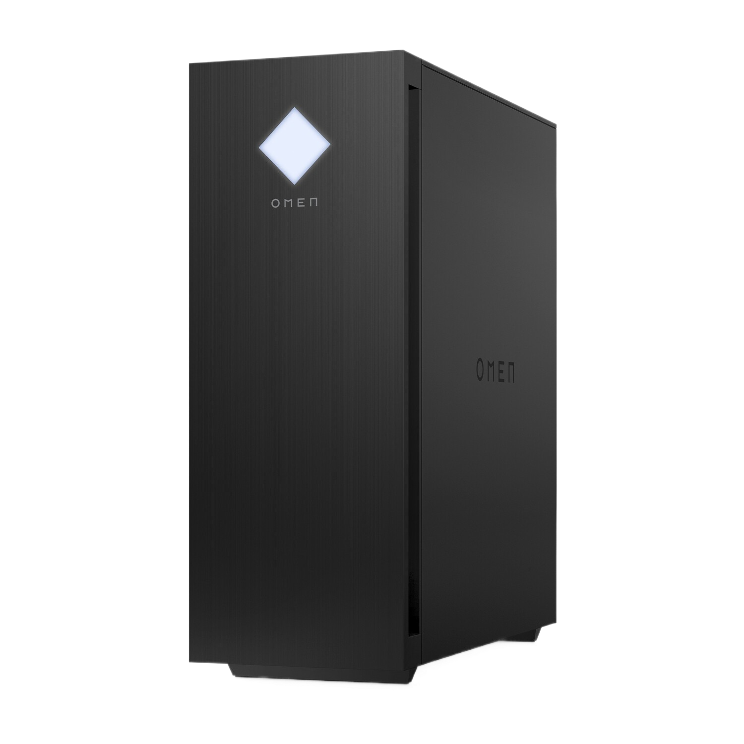 Een zwarte computertoren met het OMEN-logo en een witte ruit. Het heeft een strak design.