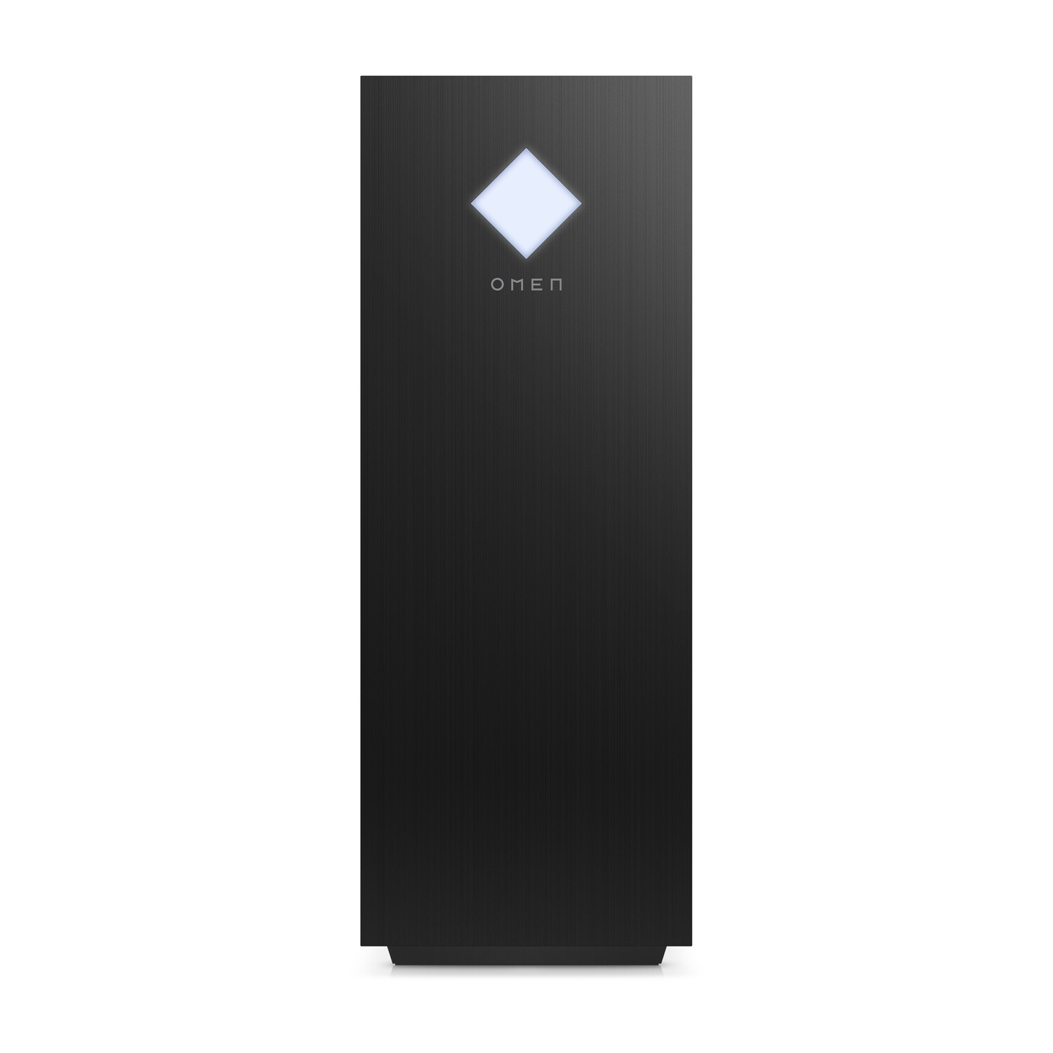 Zwarte computertoren met verlicht wit diamantlogo, vooraanzicht.