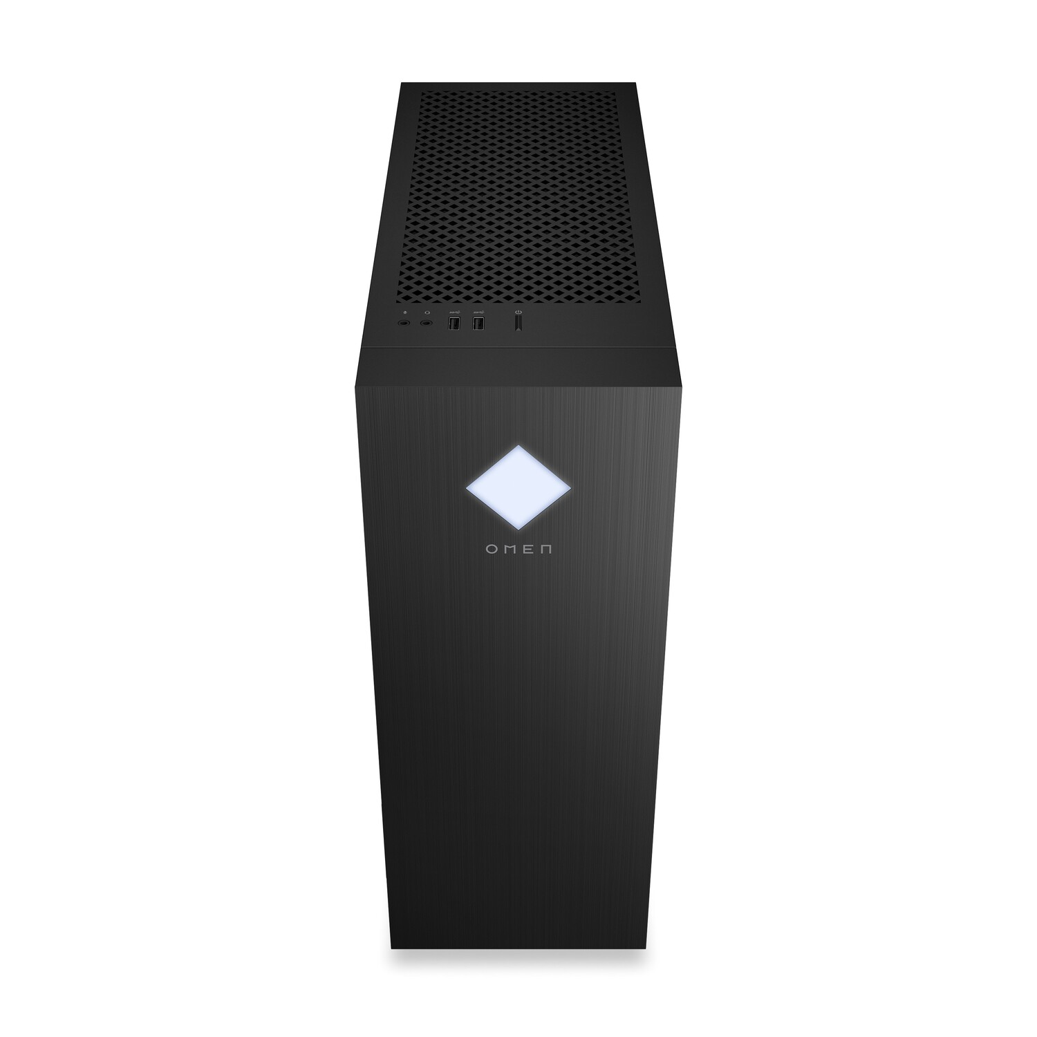 Zwarte computertoren met verlicht wit diamantlogo, bovenaanzicht.