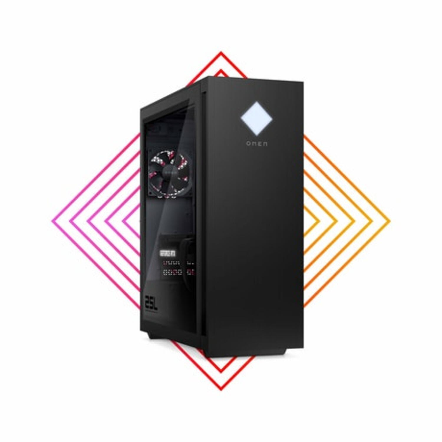Zwarte OMEN gaming-pc met een ruitvormig logo op een witte achtergrond, met een rode en oranje omtrek.