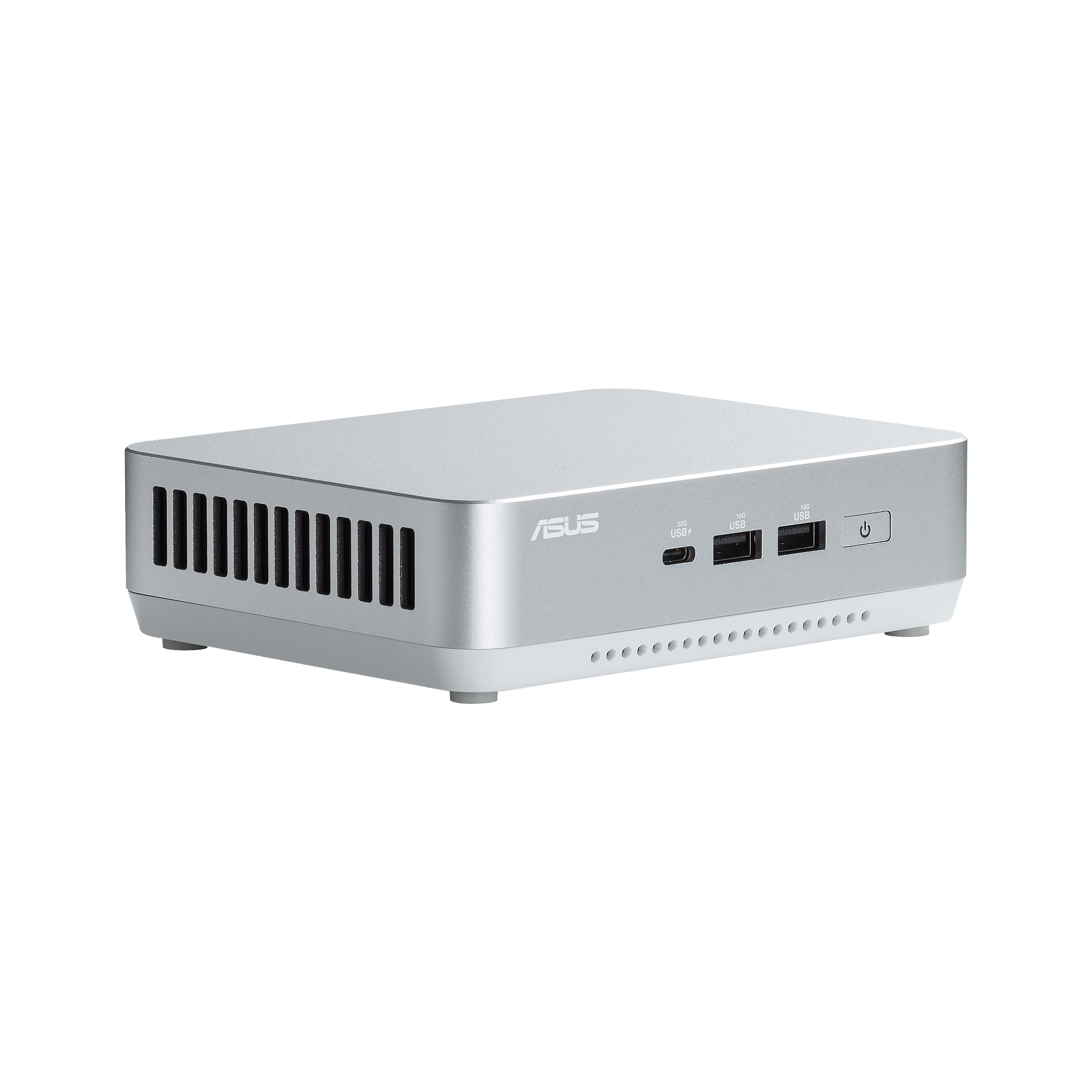 Silberner Mini-Computer. Die Vorderseite hat USB-Anschlüsse und den Ein-/Ausschalter. Schwarze Lüftungsschlitze.