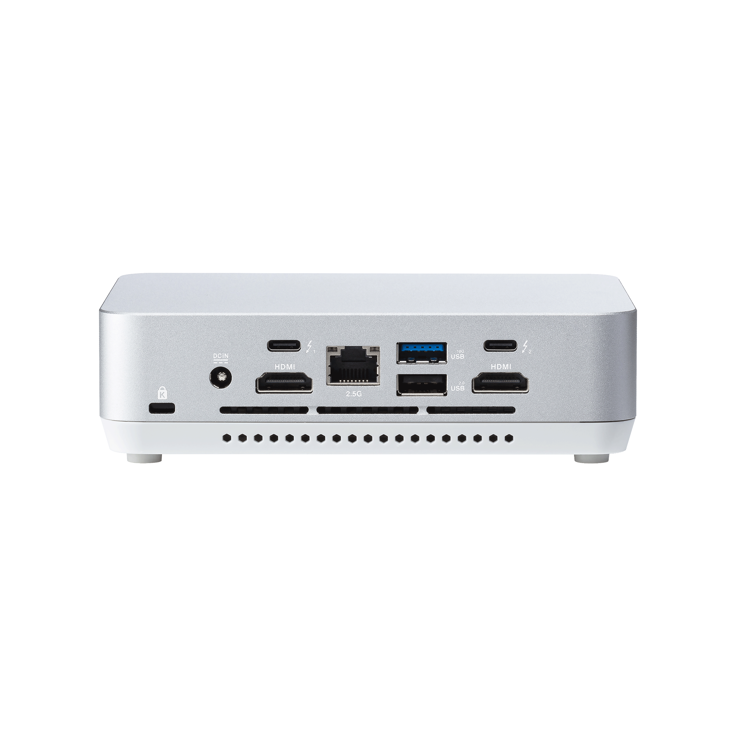 Silberner Mini-Computer. Die Rückseite hat Anschlüsse für verschiedene Verbindungen. HDMI, USB und Strom.