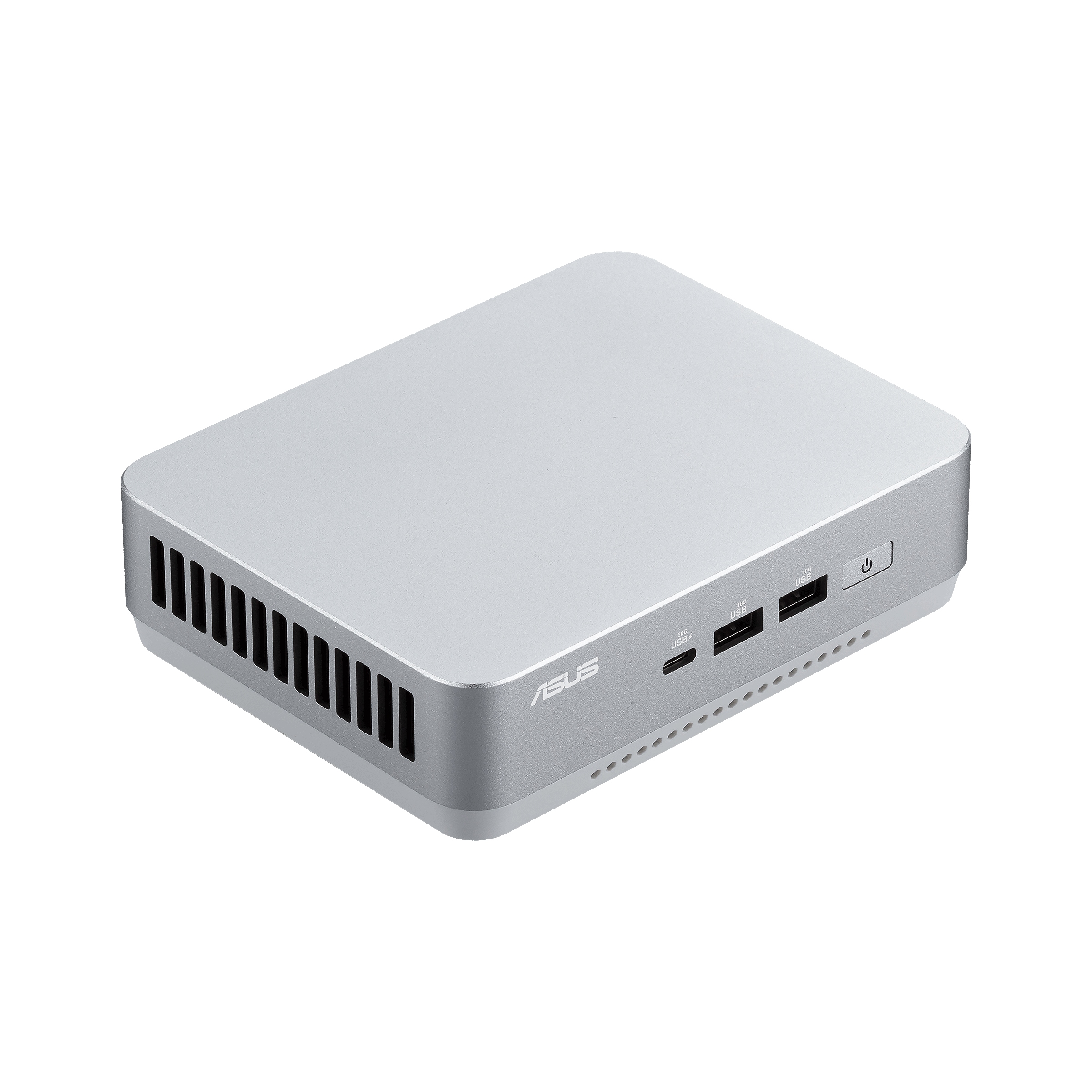 Silberner Mini-PC mit Lüftungsschlitzen, Ein-/Aus-Taste und Anschlüssen.