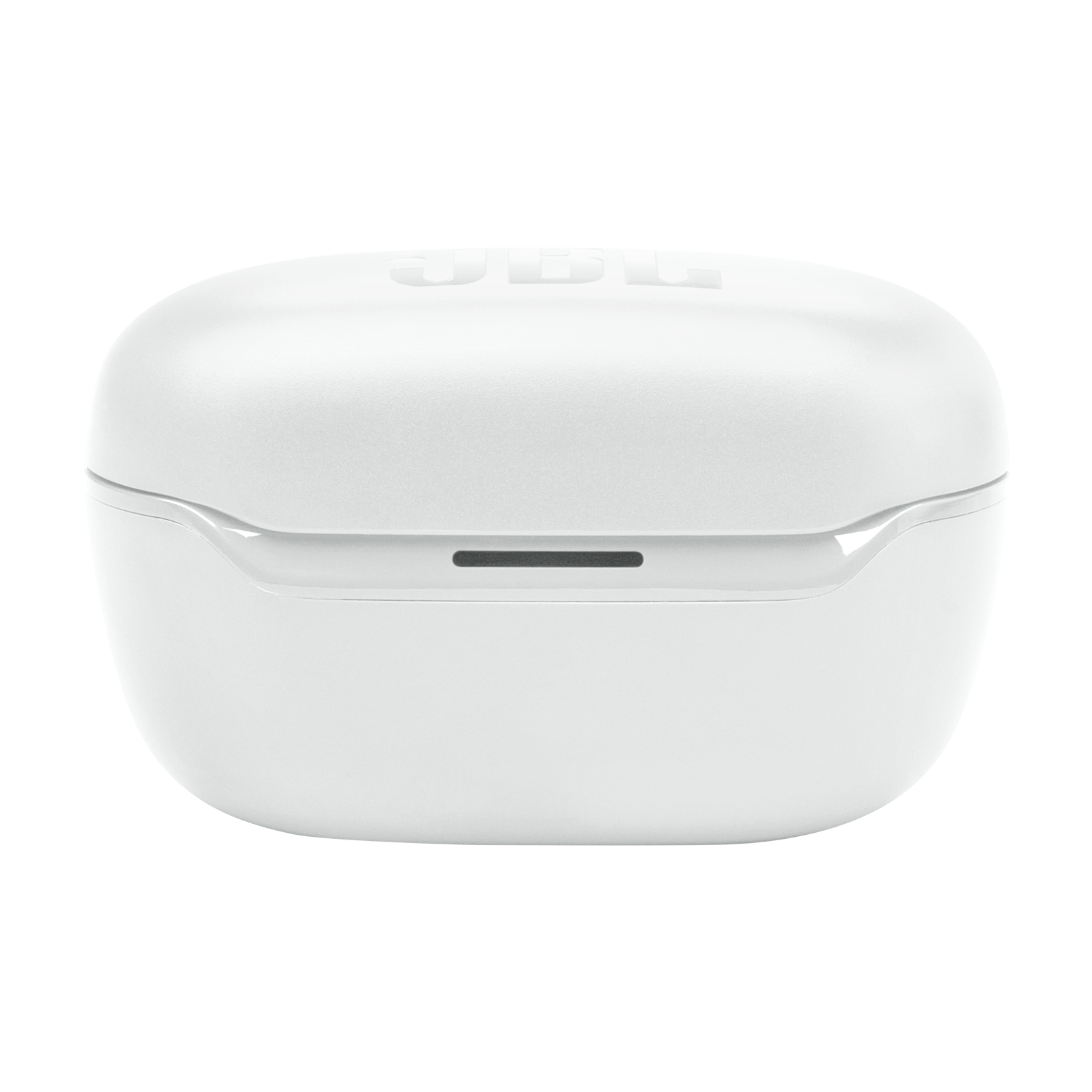 JBL kulaklıklar için beyaz bir şarj kutusu. JBL logosu üst kısımda.