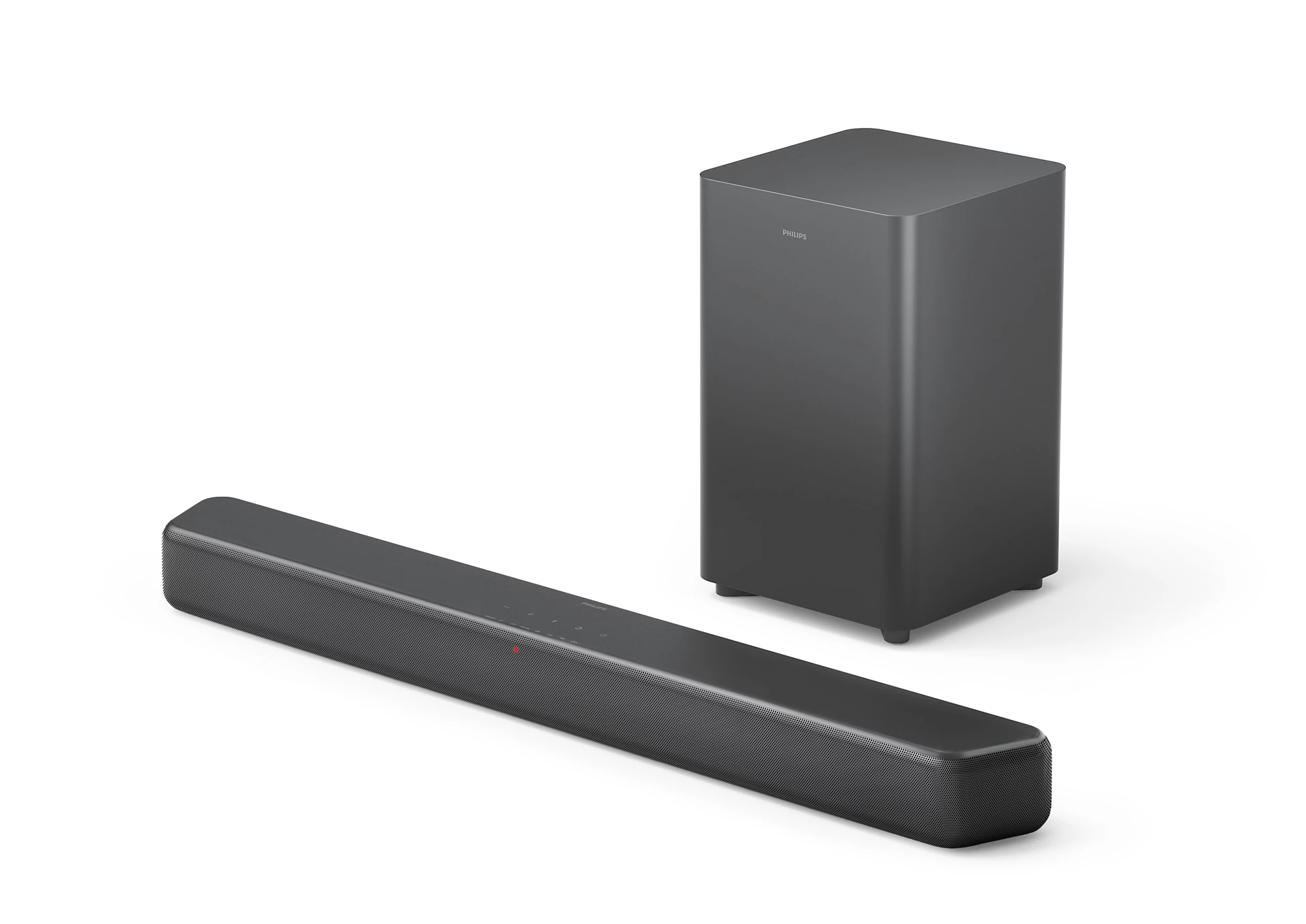 Una barra de sonido y un subwoofer negros sobre un fondo blanco, posicionados para una toma de producto.