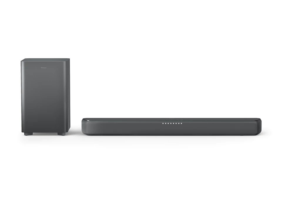 Una barra de sonido y un subwoofer negros sobre un fondo blanco, posicionados para una toma de producto.