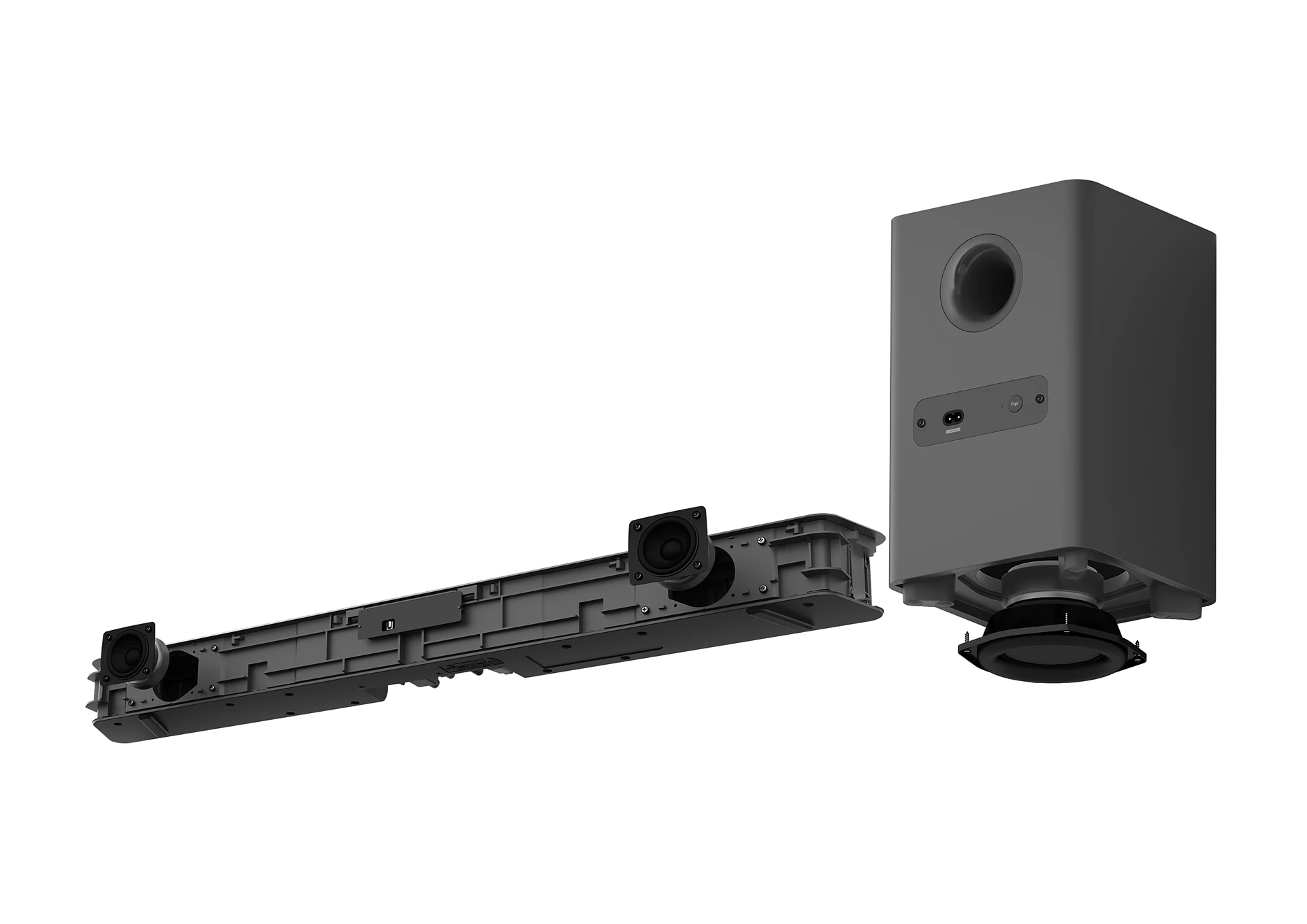 Una barra de sonido y subwoofer negros, mostrando componentes internos, aislados sobre fondo blanco.