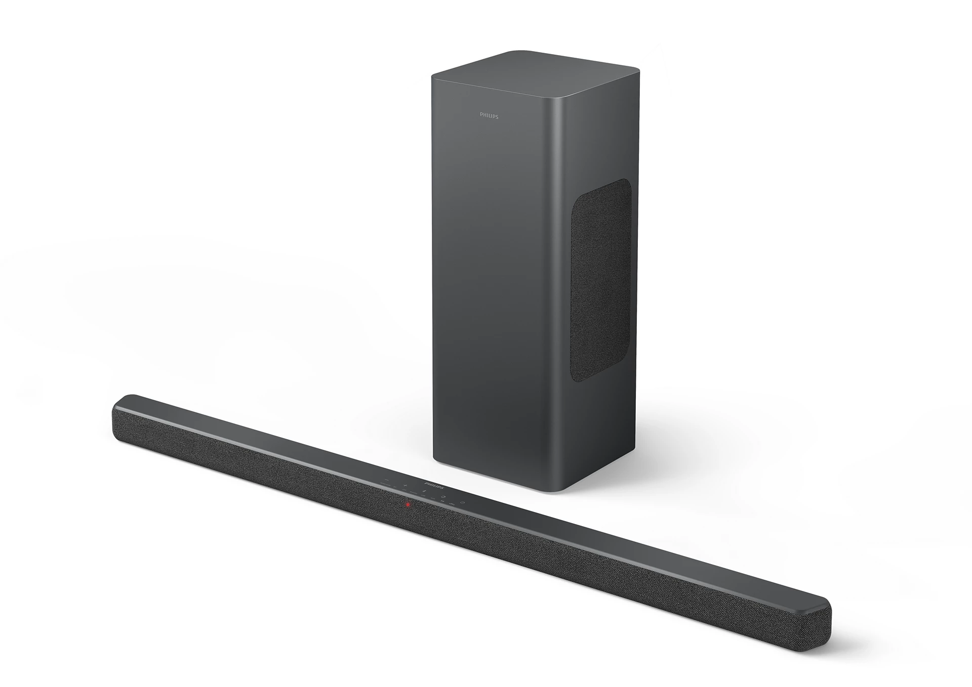 Una barra de sonido y subwoofer negros, toma en ángulo sobre fondo blanco. Toma de producto.