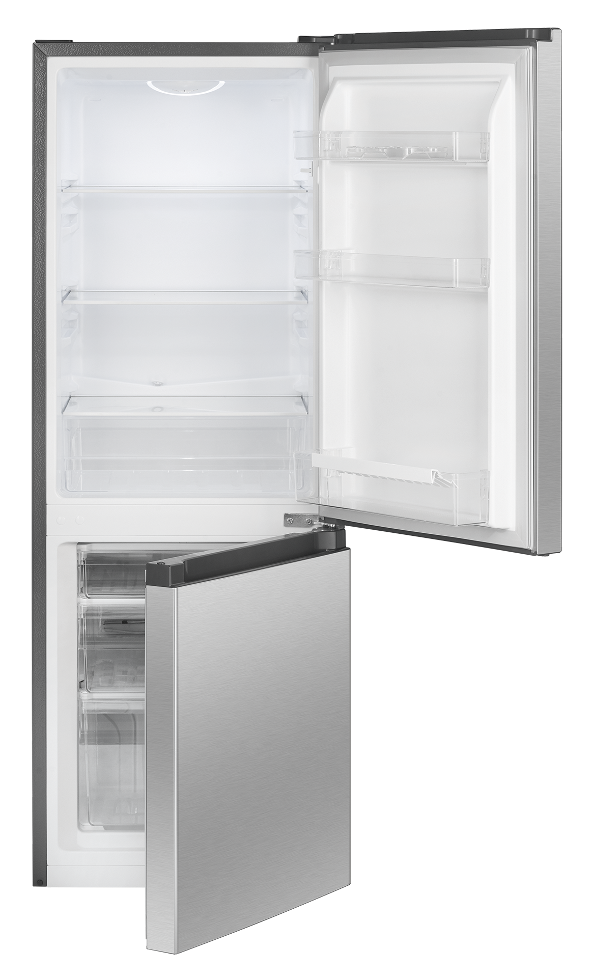 Geöffneter Kühlschrank, zeigt Regale, Schubladen und ein helles Innere. Edelstahltür.
