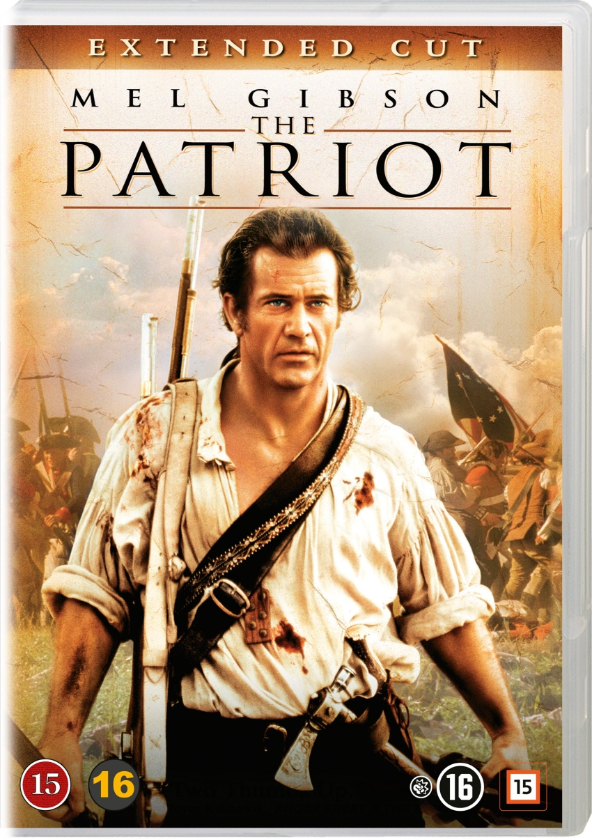 DVD-hoes van The Patriot. Mel Gibson houdt een geweer vast. Historische setting.