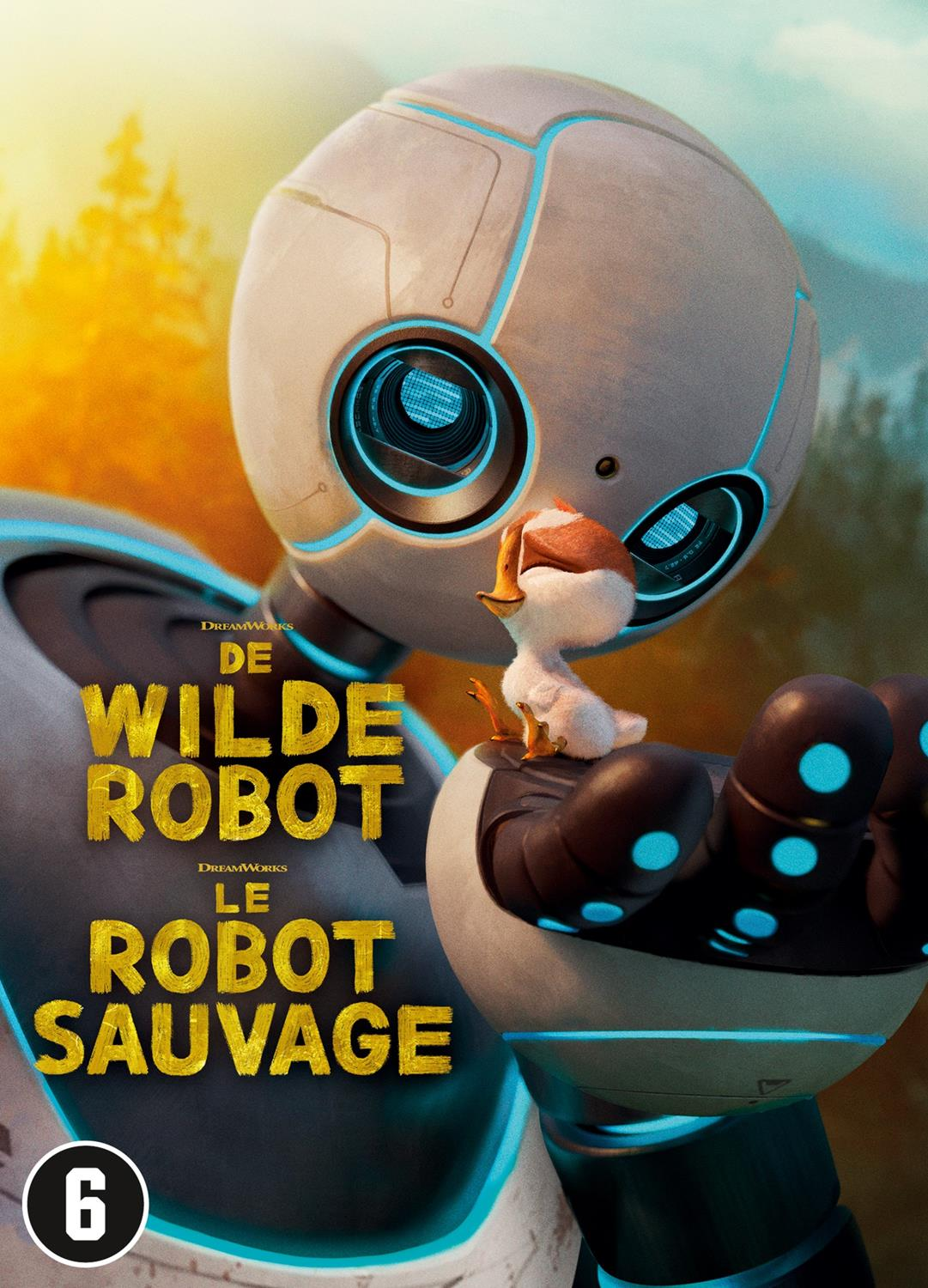 Poster of a robot with a chick, movie title is Le Robot Sauvage.