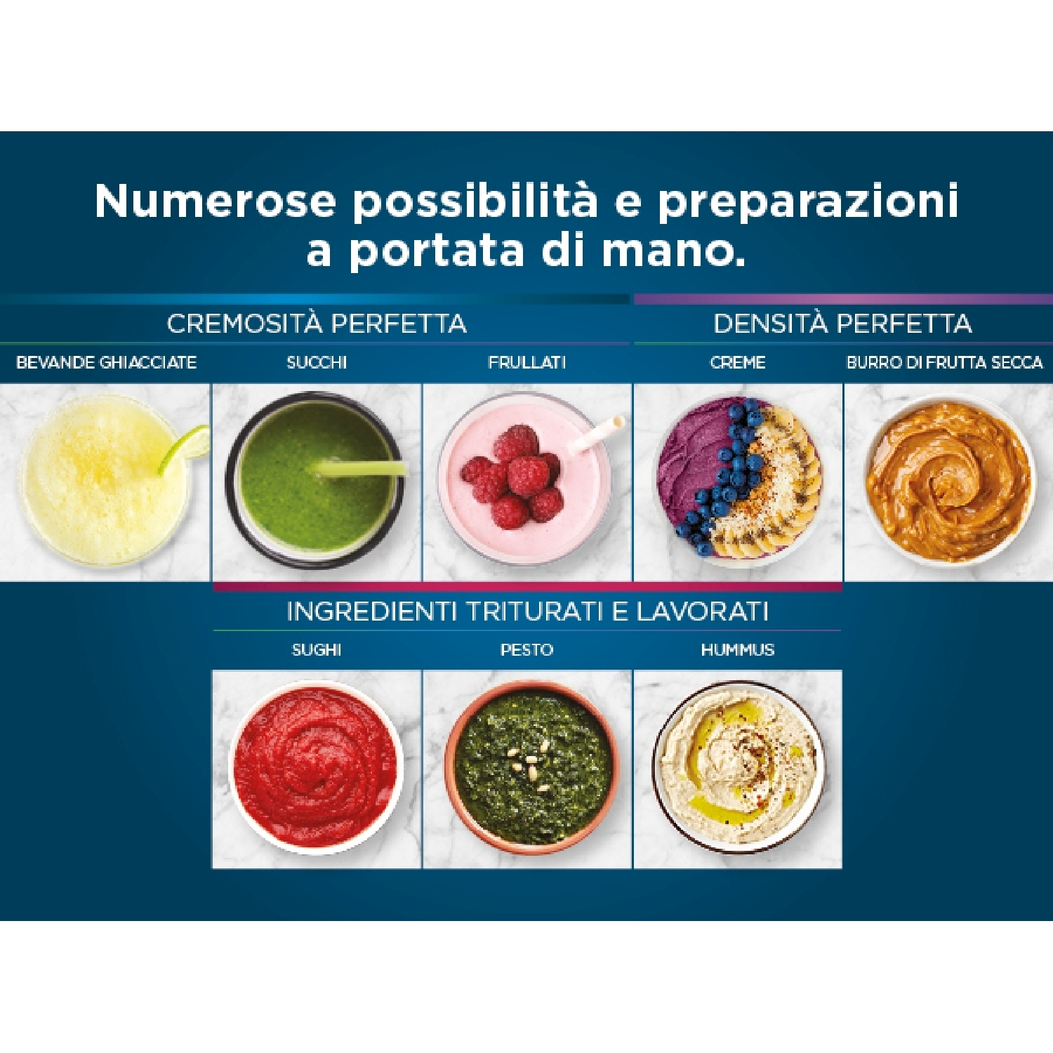 L'immagine mostra vari alimenti frullati come frullati, salse e creme spalmabili.