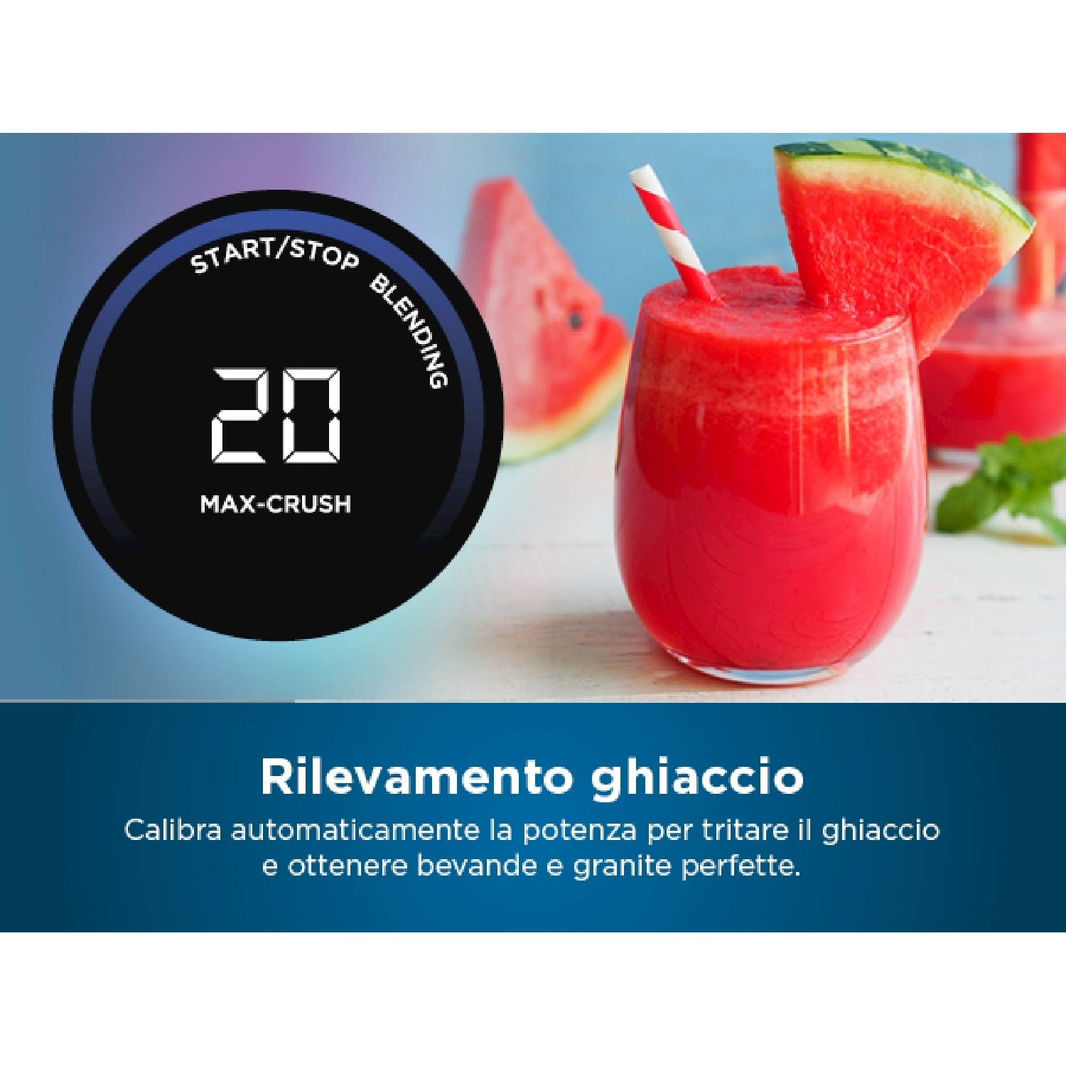 Frullato rosso in un bicchiere con cannuccia, con anguria. Sovrapposizione di testo nero.