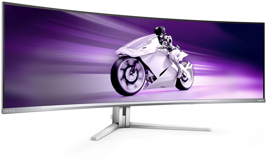 Ívelt monitor motoros képpel. Ezüst állvány, lila háttér, fehér motor, versenyző.