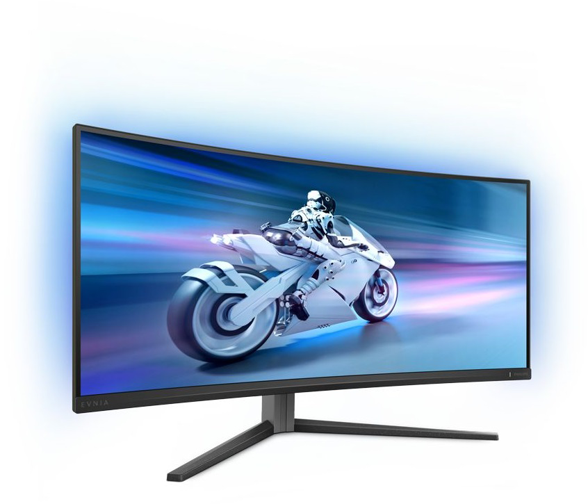 Ívelt monitor motoros képpel. Fekete keret, ezüst állvány, kék ragyogással.