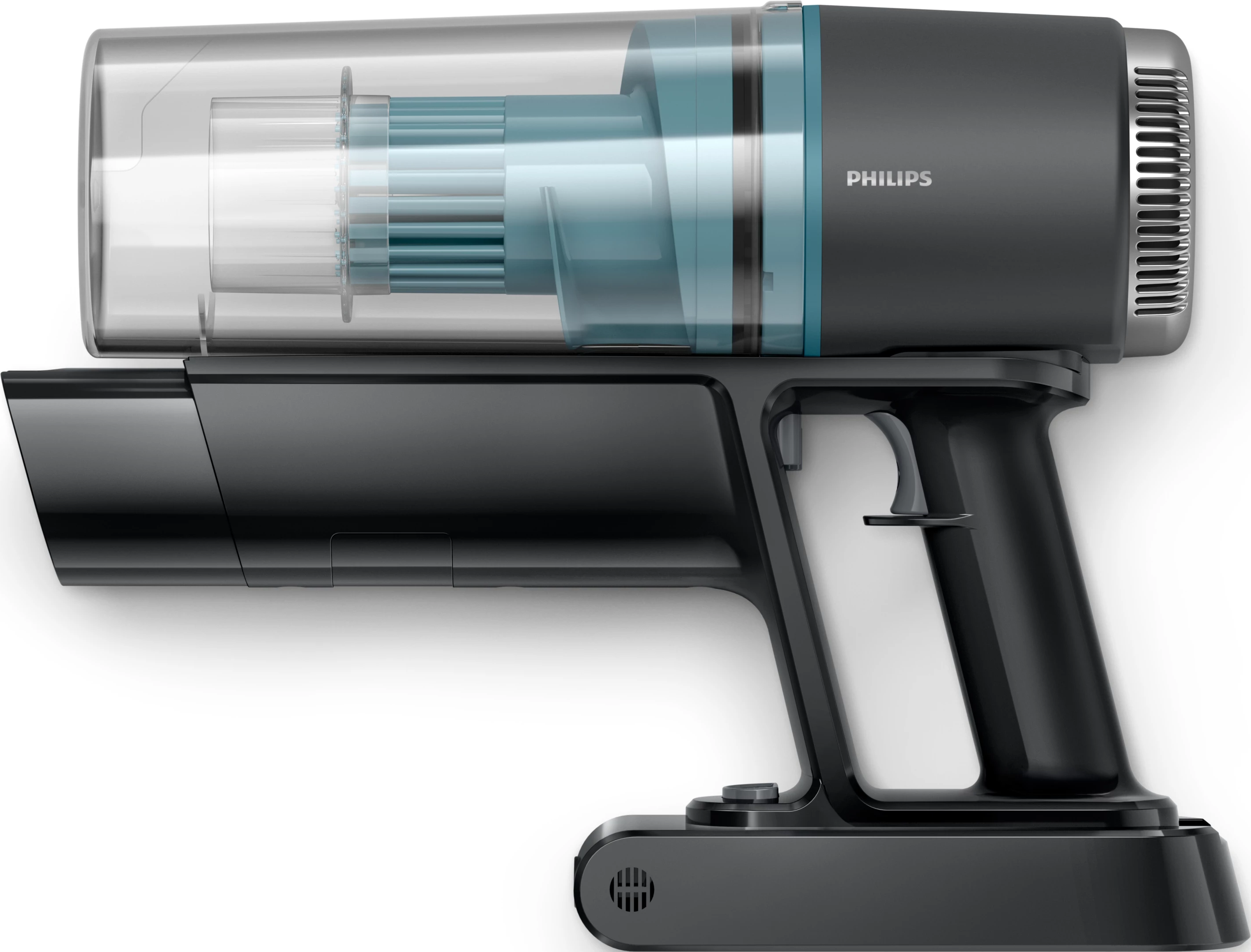 Aspirapolvere portatile nero. Contenitore della polvere in plastica trasparente e maniglia con marchio Philips.
