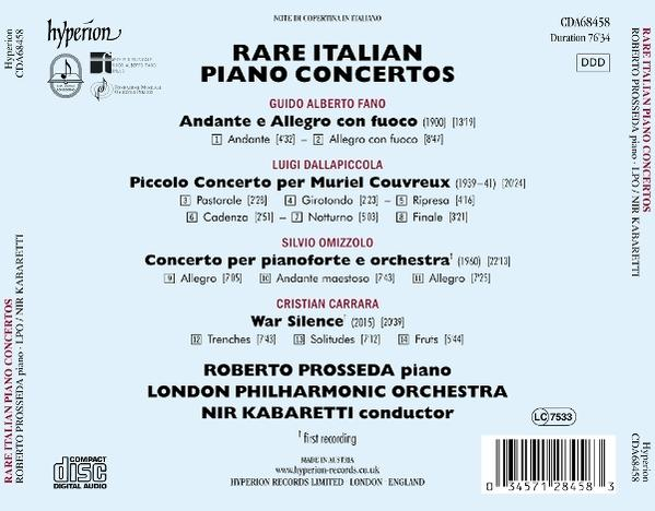 CD-Cover für 'Rare Italian Piano Concertos' mit Titeln und Namen.
