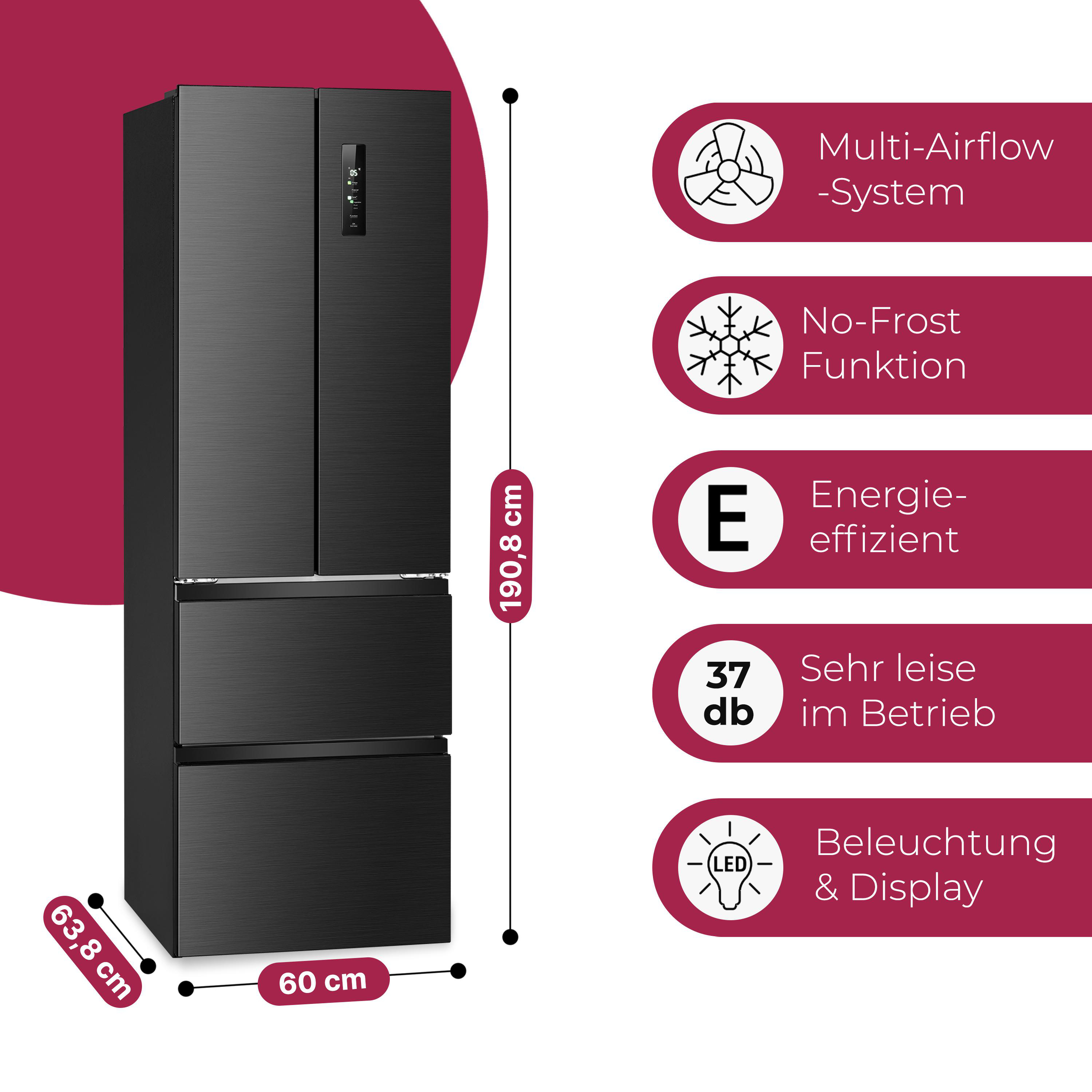 BOMANN KG 7354 SIX French door Kühl- und Gefrierkombination (E, 400 l, 1908 mm hoch, Standgerät, No Frost (verminderte Eisbildung), Schwarz Edelstahl-Optik)