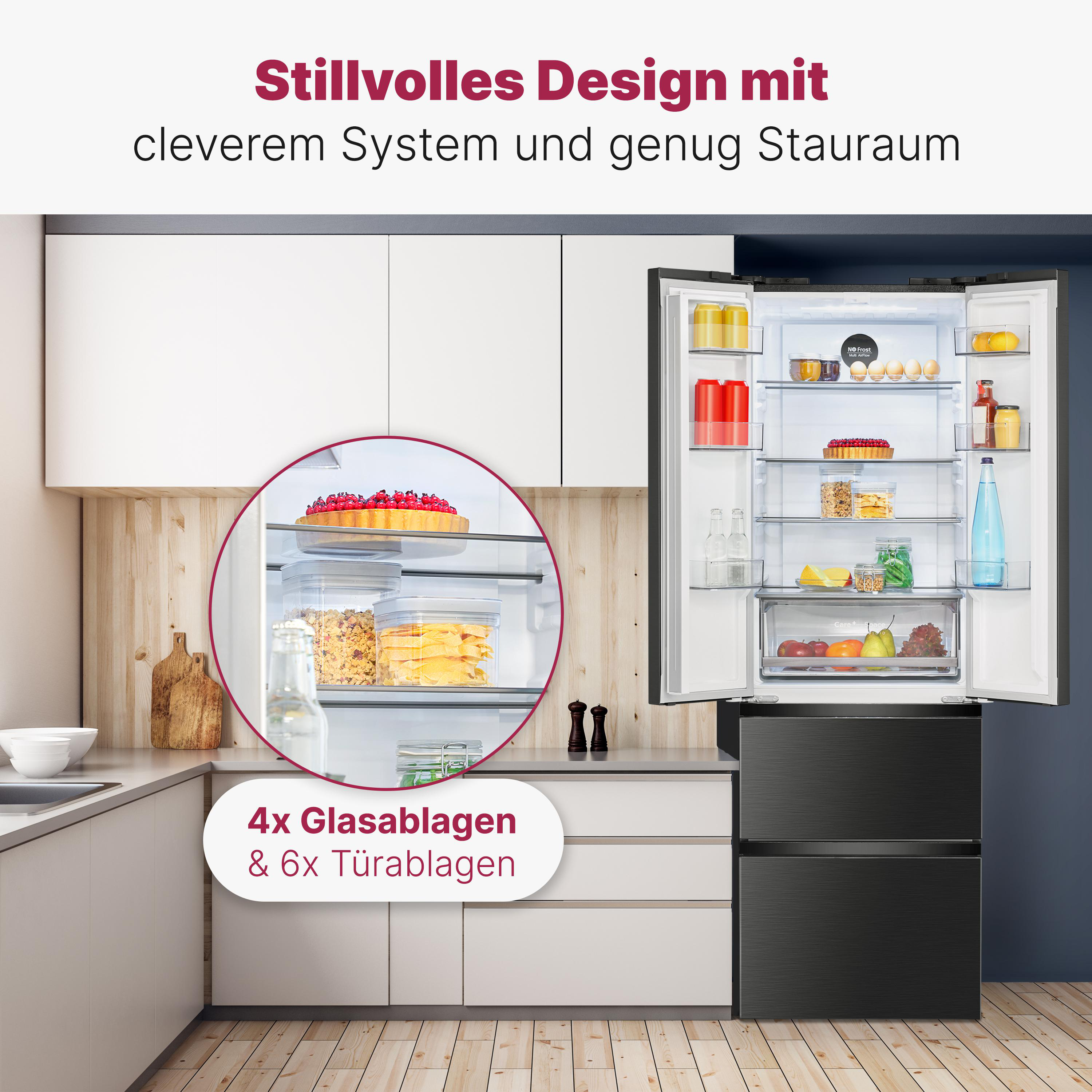 BOMANN KG 7354 SIX French door Kühl- und Gefrierkombination (E, 400 l, 1908 mm hoch, Standgerät, No Frost (verminderte Eisbildung), Schwarz Edelstahl-Optik)