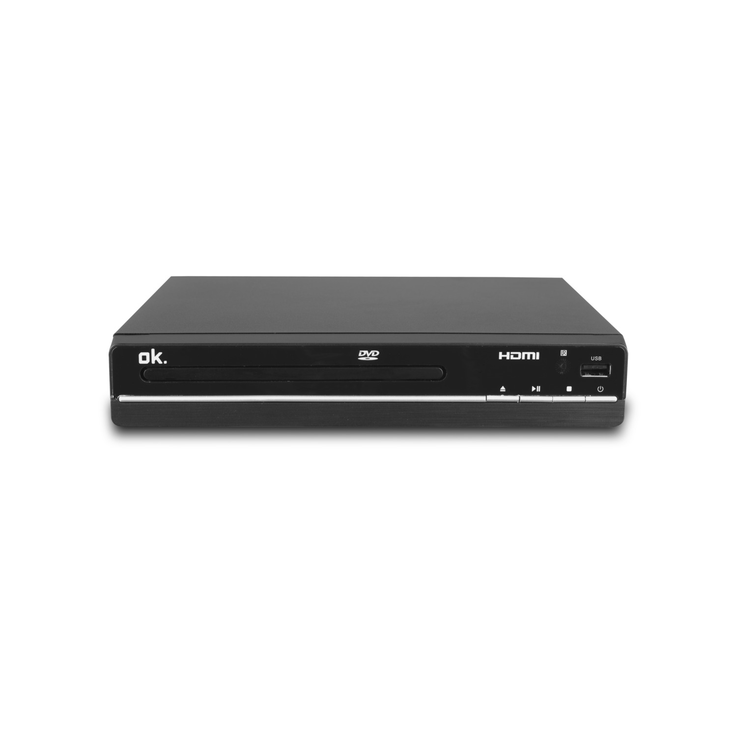 Black DVD player with "ok." and other buttons on a white background.