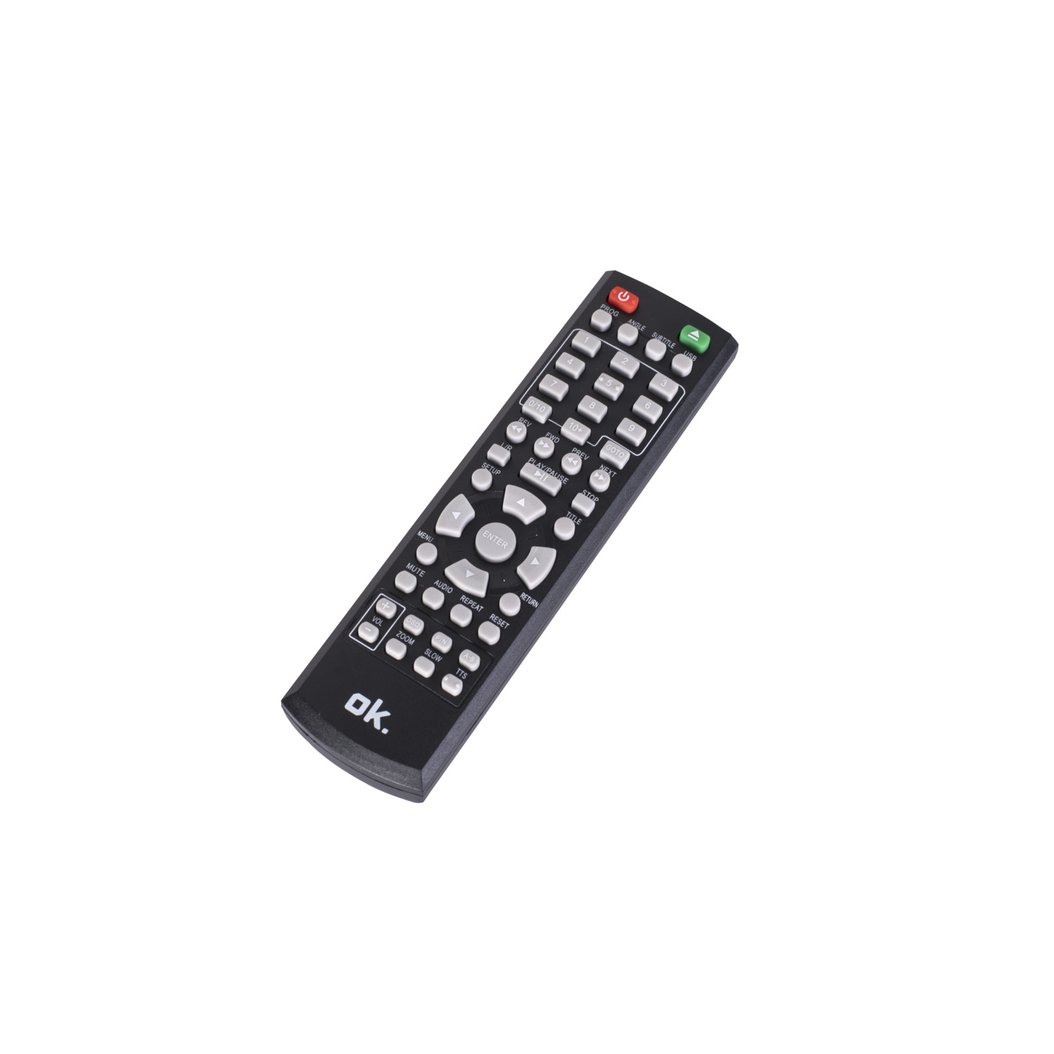 Black remote control, many buttons. Power, menu, volume, and number buttons. White background.