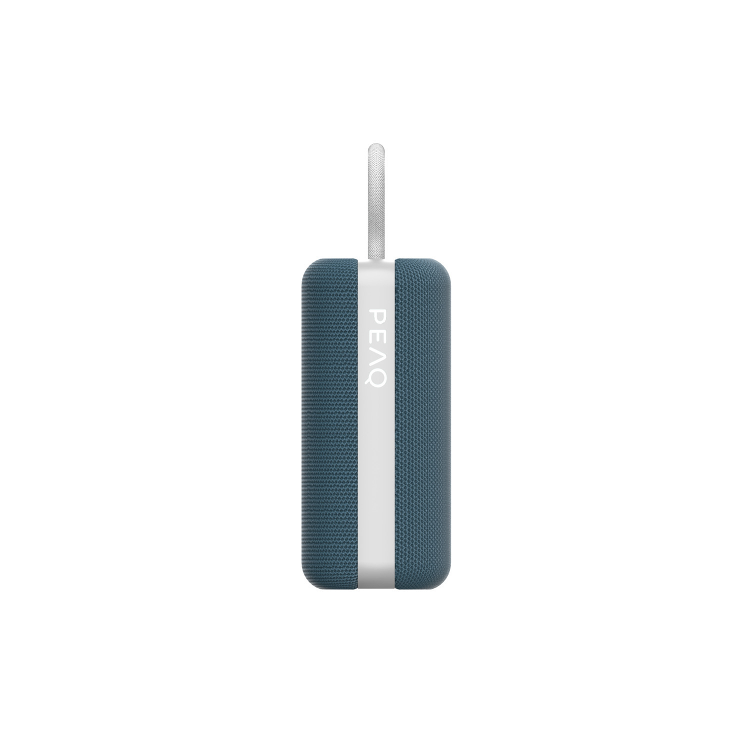 Blauwe en witte draagbare speaker met een zwart bandje. Witte achtergrond.