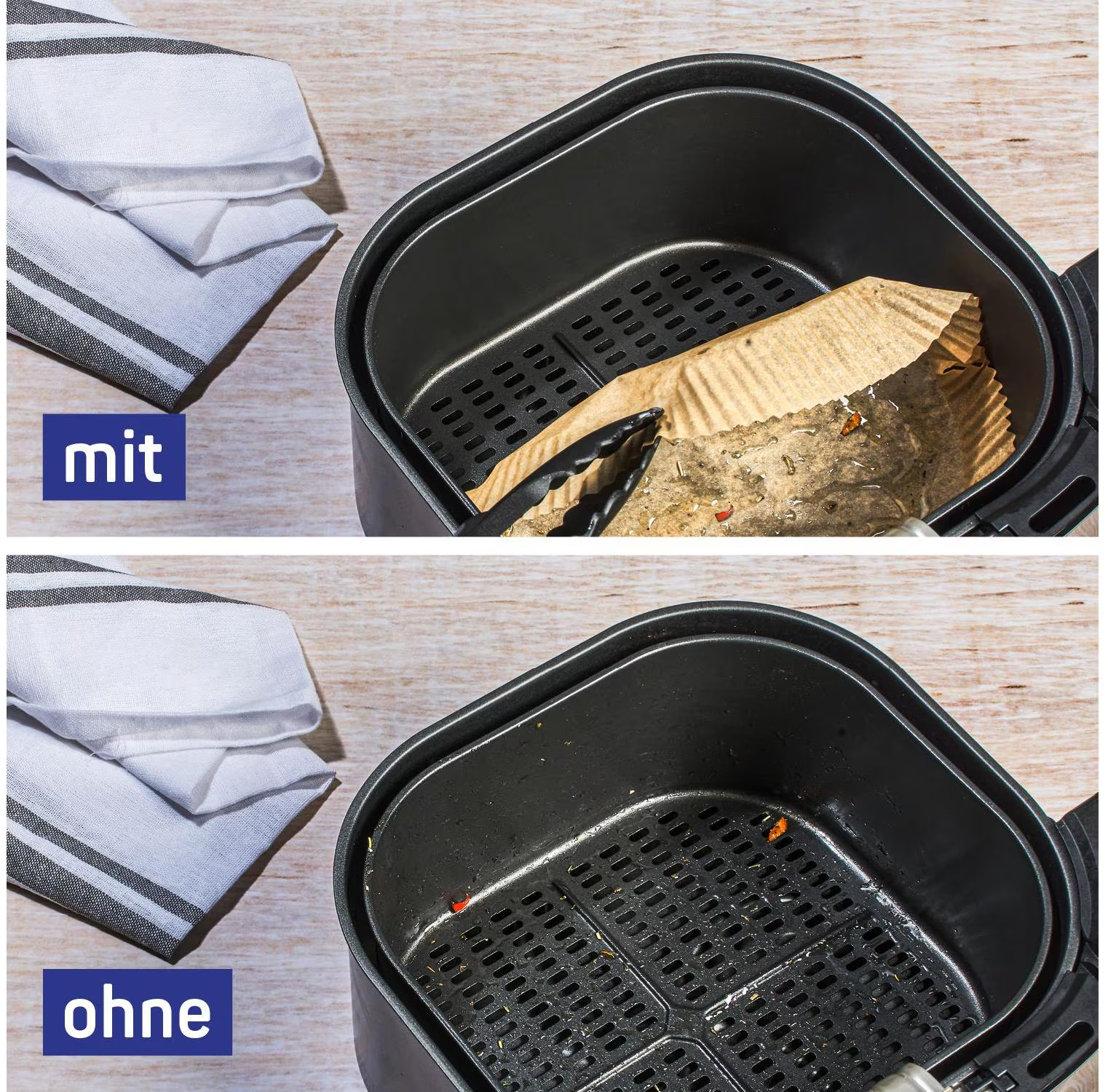 Un panier de friteuse à air avec et sans papier.