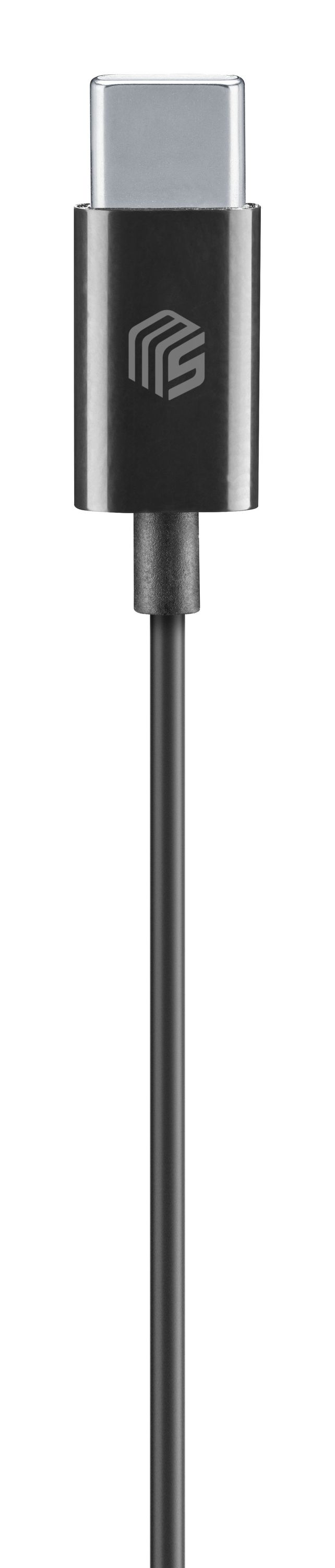 Konektör üzerinde bir logo bulunan siyah bir USB-C kablosu.
