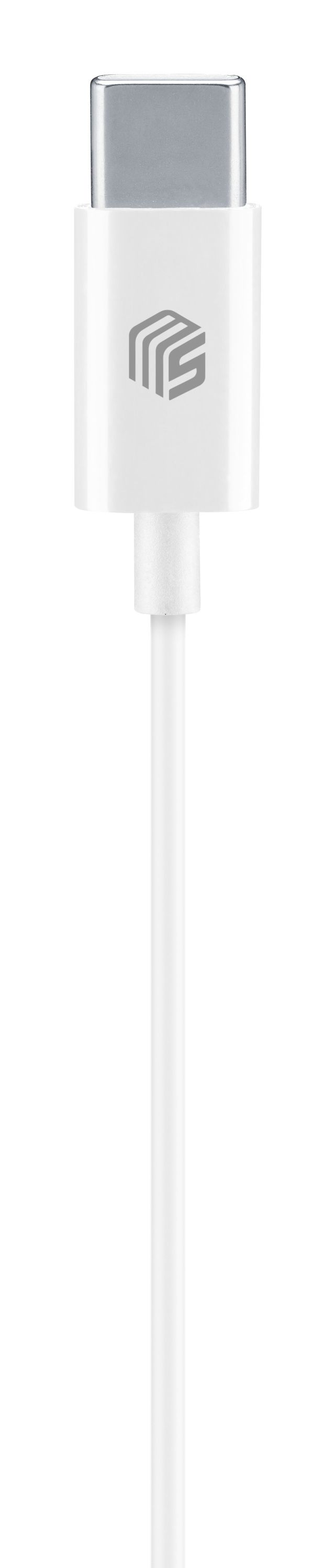 Beyaz bir USB-C kablosu, beyaz bir konektör ve bir logo ile.
