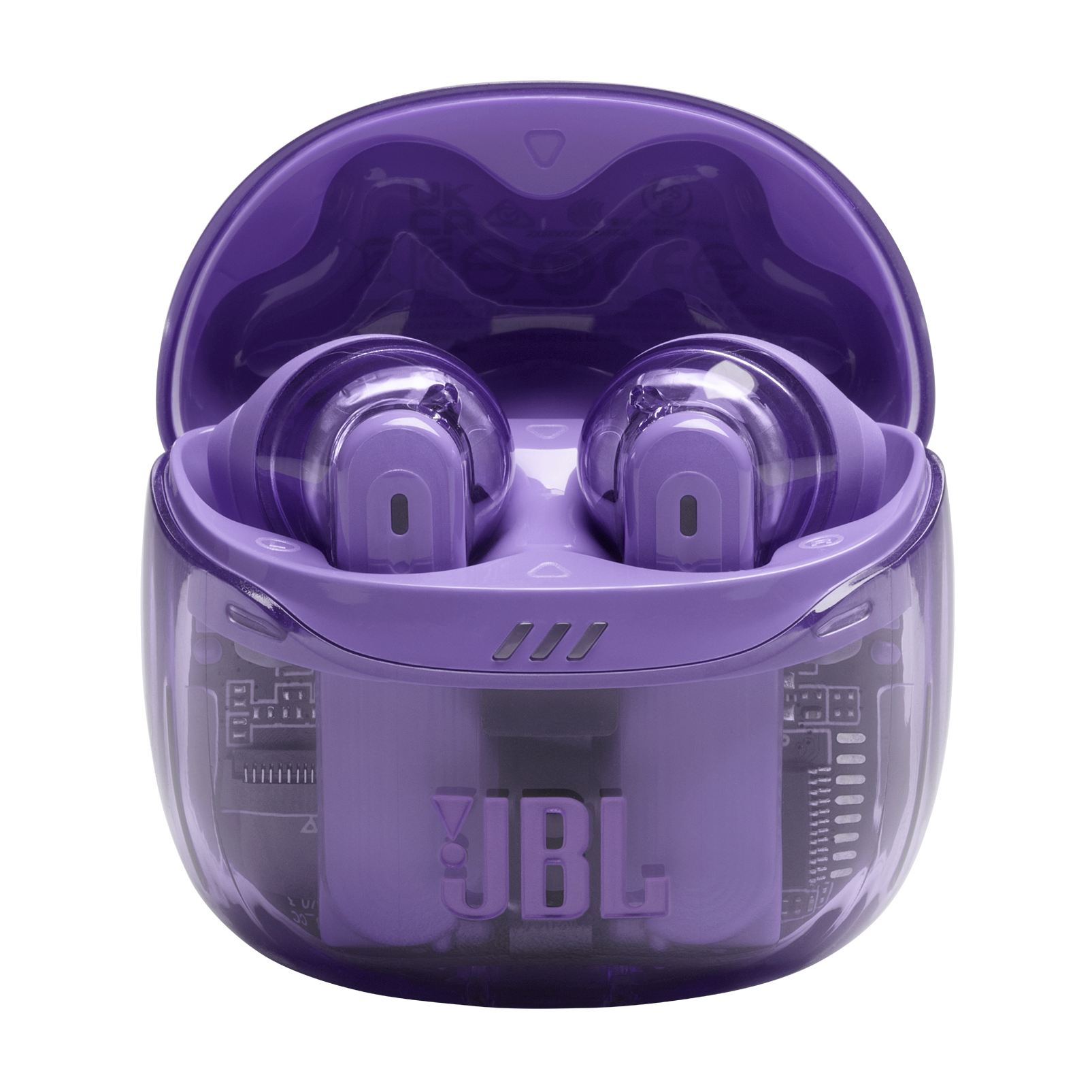 JBL logosu bulunan şeffaf bir kılıfın içindeki mor kulaklıklar.