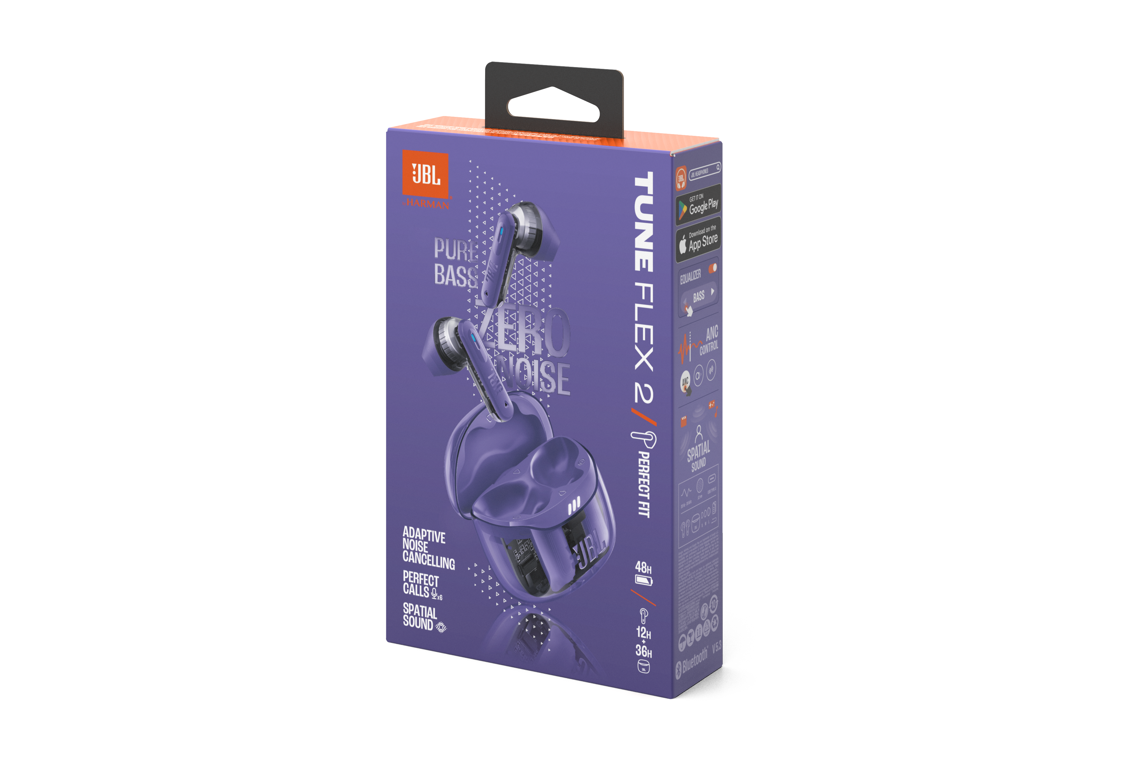 Mor renkli JBL Tune Flex 2 kulaklık kutusu. Kutu, kulaklıkları ve metni gösterir.