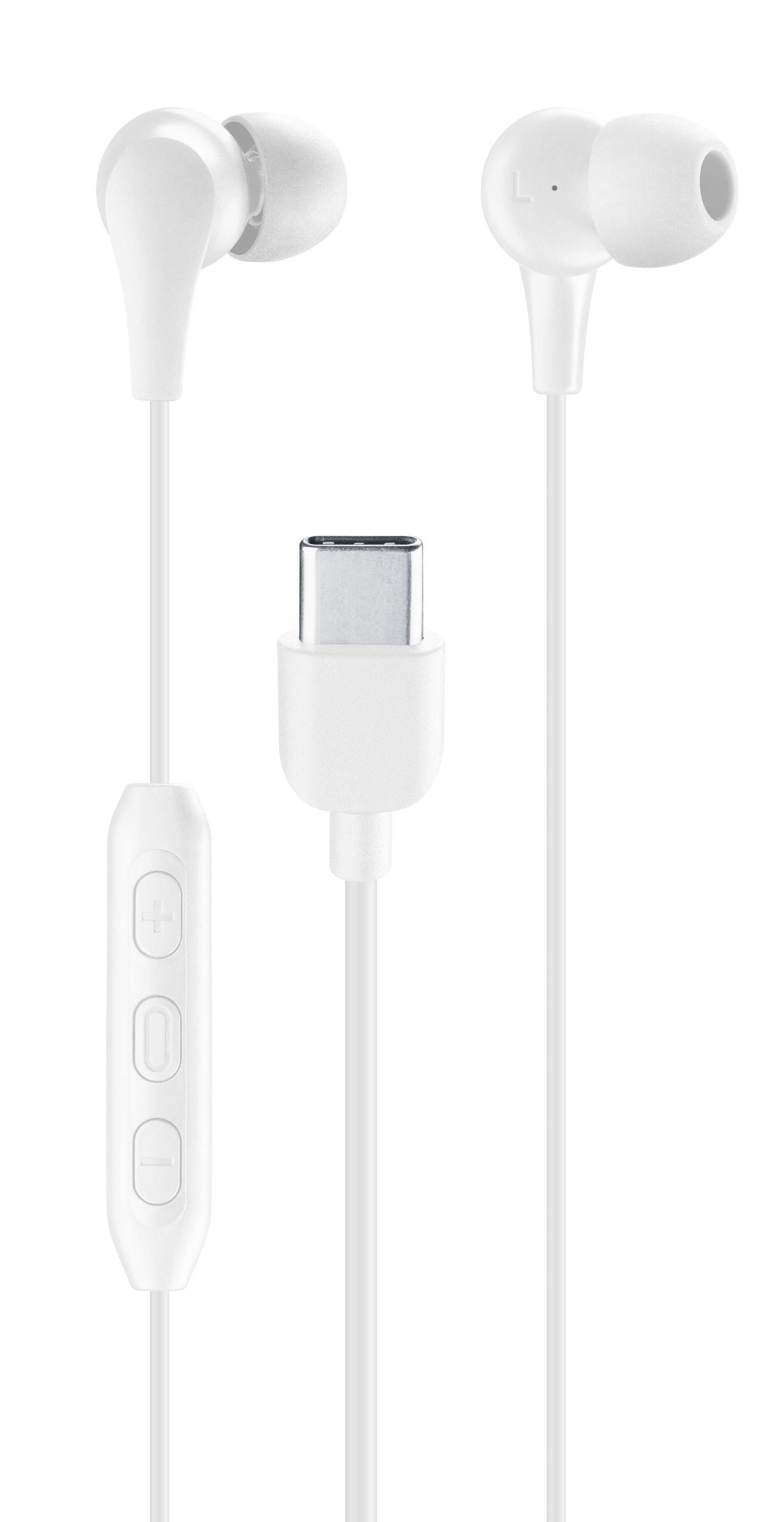 USB-C konektörlü beyaz kulaklıklar. Beyaz arka plan.