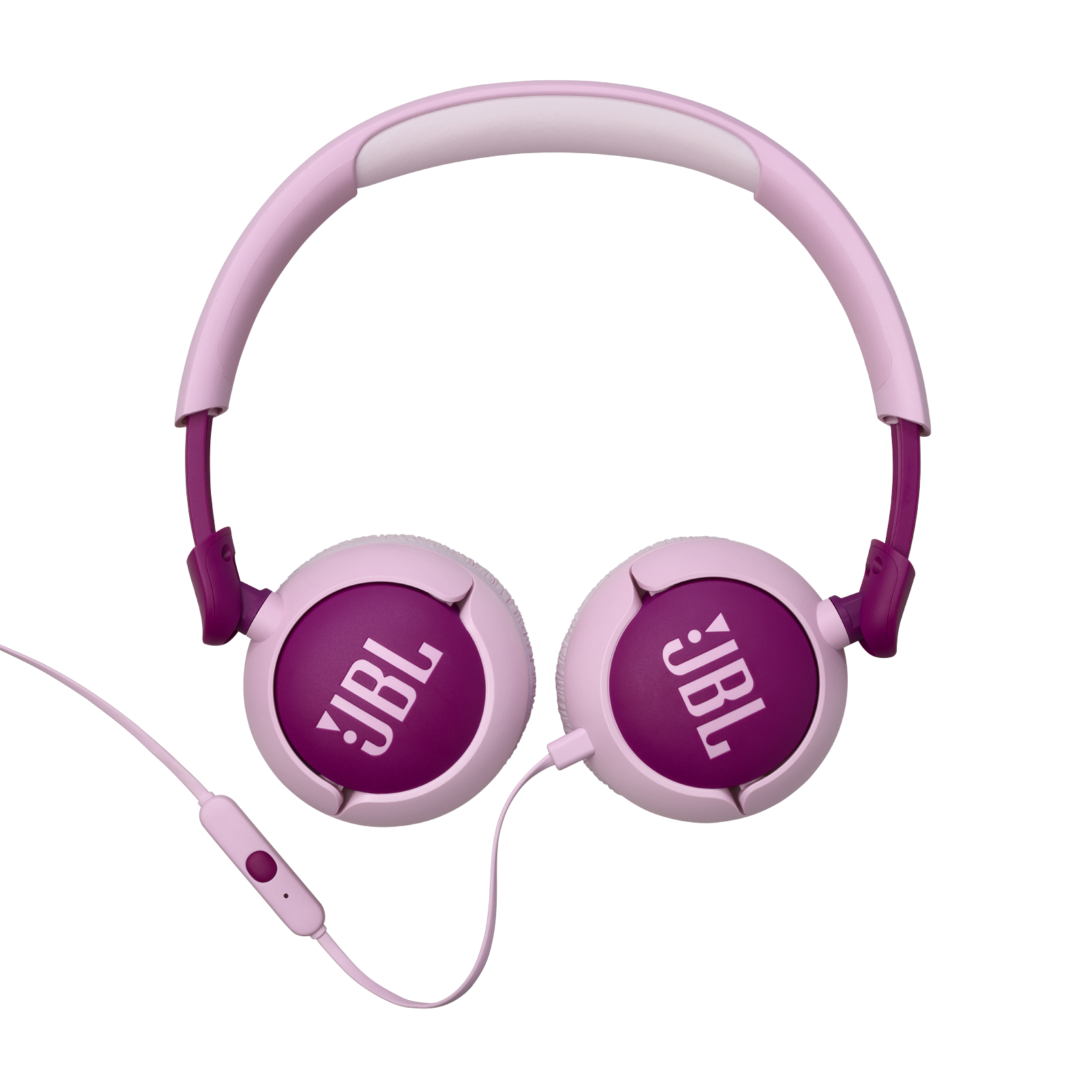Pembe kablo ve mor kulaklıklarla pembe JBL kulaklıklar. Siyah zemin.